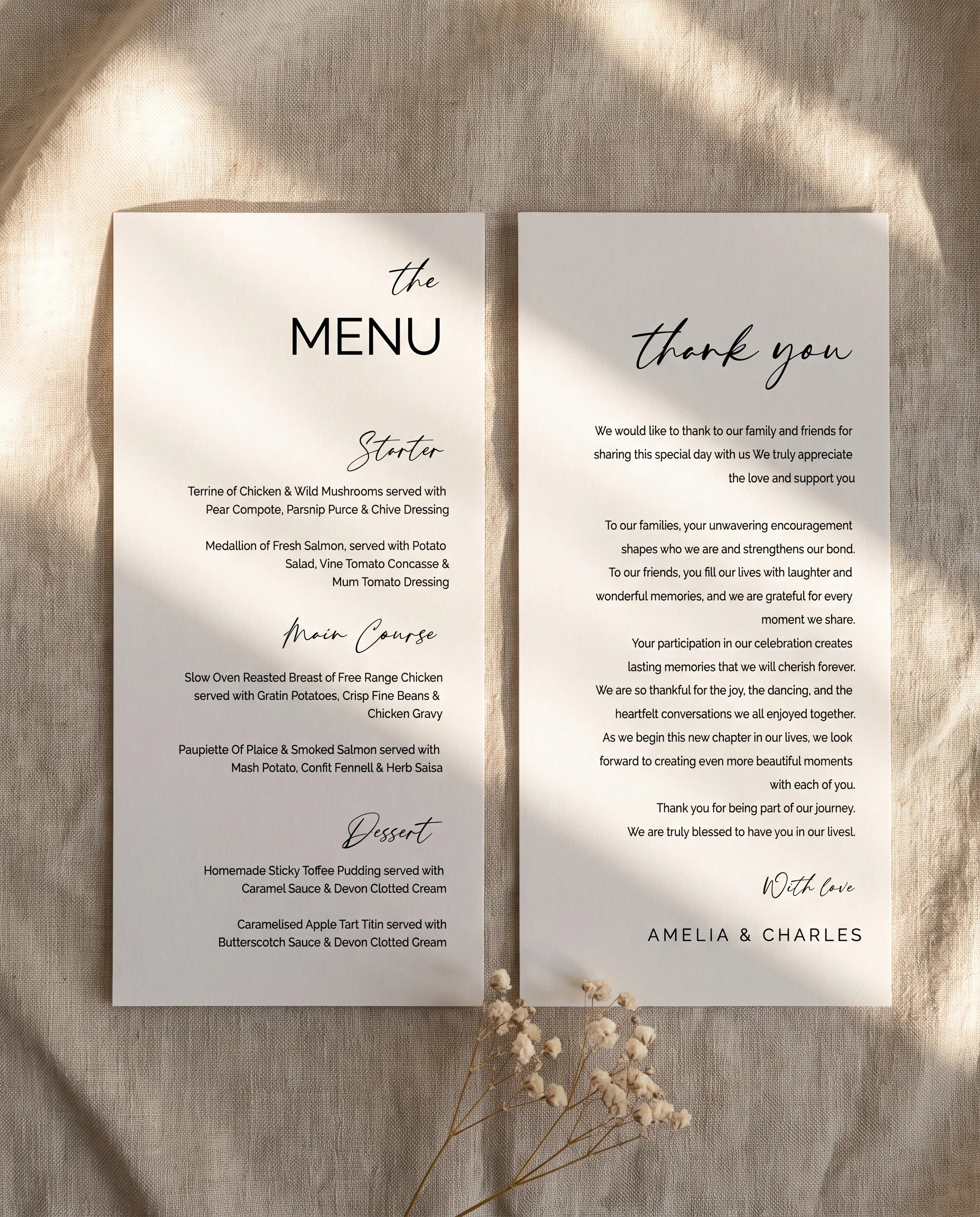 Cathedral wedding menu — flat lay of two menu pages arranged on premium editorial paper in soft natural light, wedding menu.