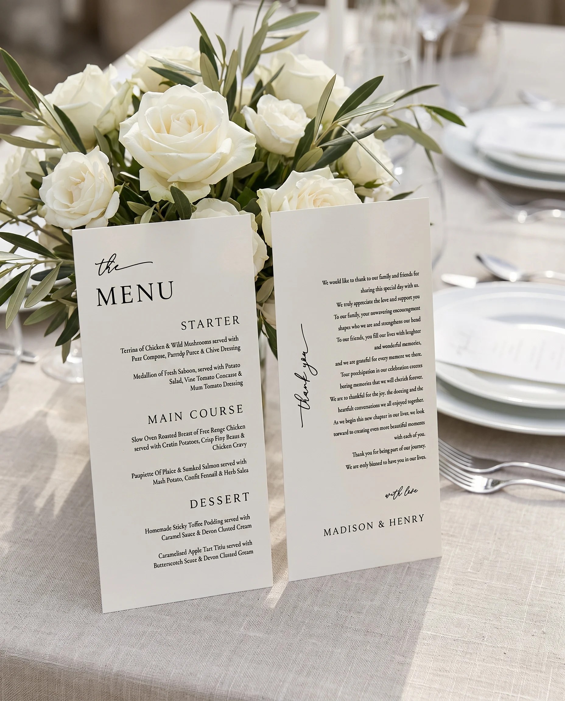 Quiet Line wedding menu — two pages standing upright on a reception table under soft natural light, wedding menu template.