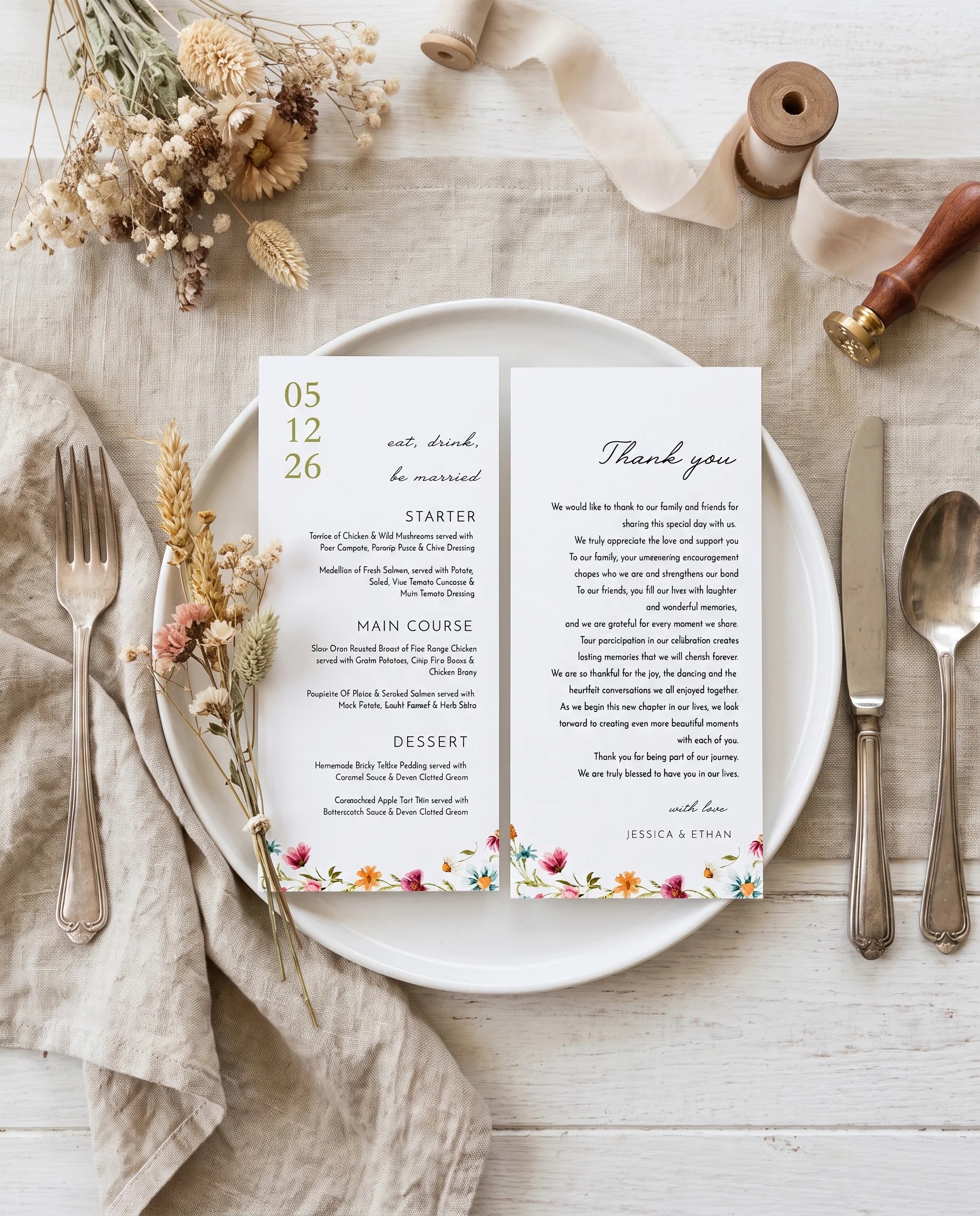 Meadow Ring wedding menu — menu and thank you card on a plate at a set place setting, wedding menu cards