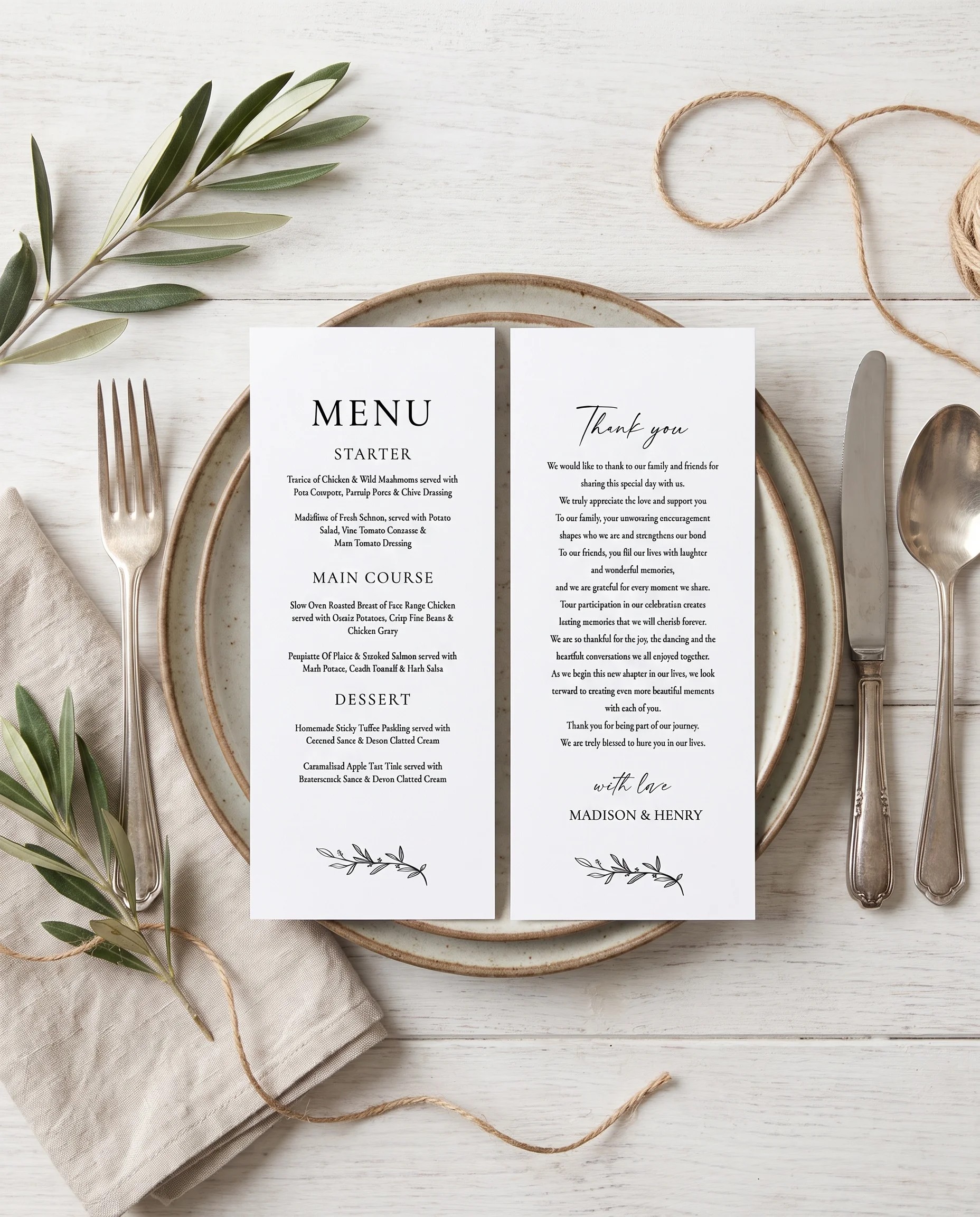 Willow Script wedding menu — menu and thank you card displayed on a plate at a set place setting, wedding menu cards.