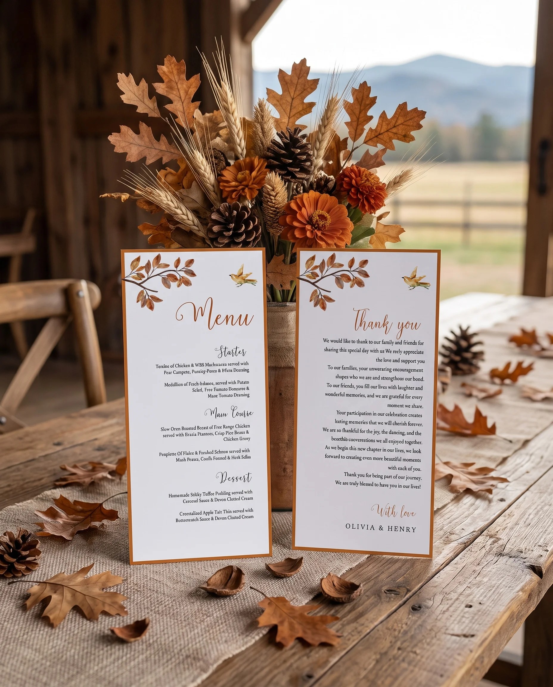 Autumn Vale wedding menu — two-page menu standing upright on a reception table under soft natural light, wedding menu template