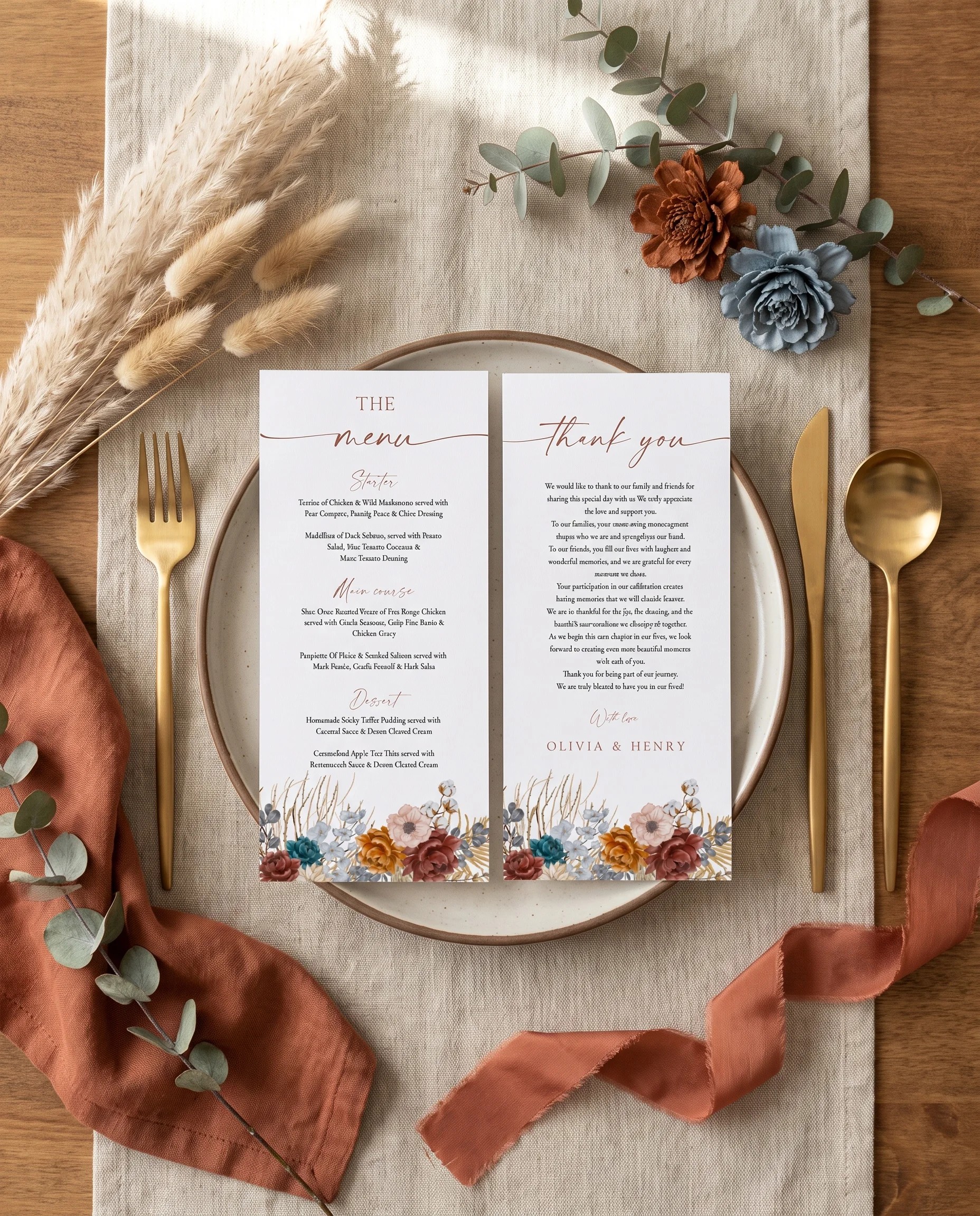 Marisol Bloom wedding menu — menu card resting on a plate at a set place setting under soft natural light, wedding menu cards