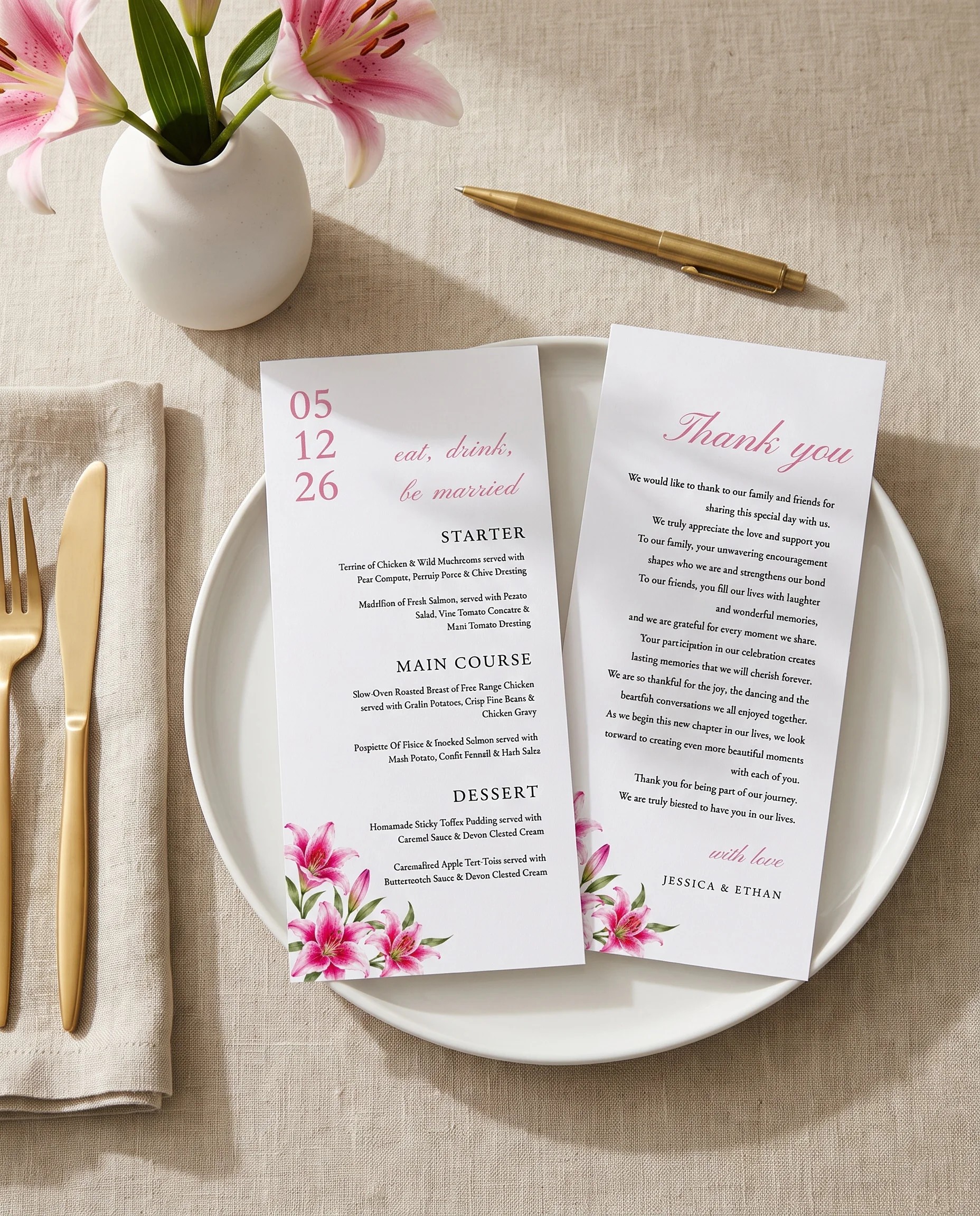 Lily Bloom wedding menu — menu and thank you card displayed on a plate at a set place setting, wedding menu cards.