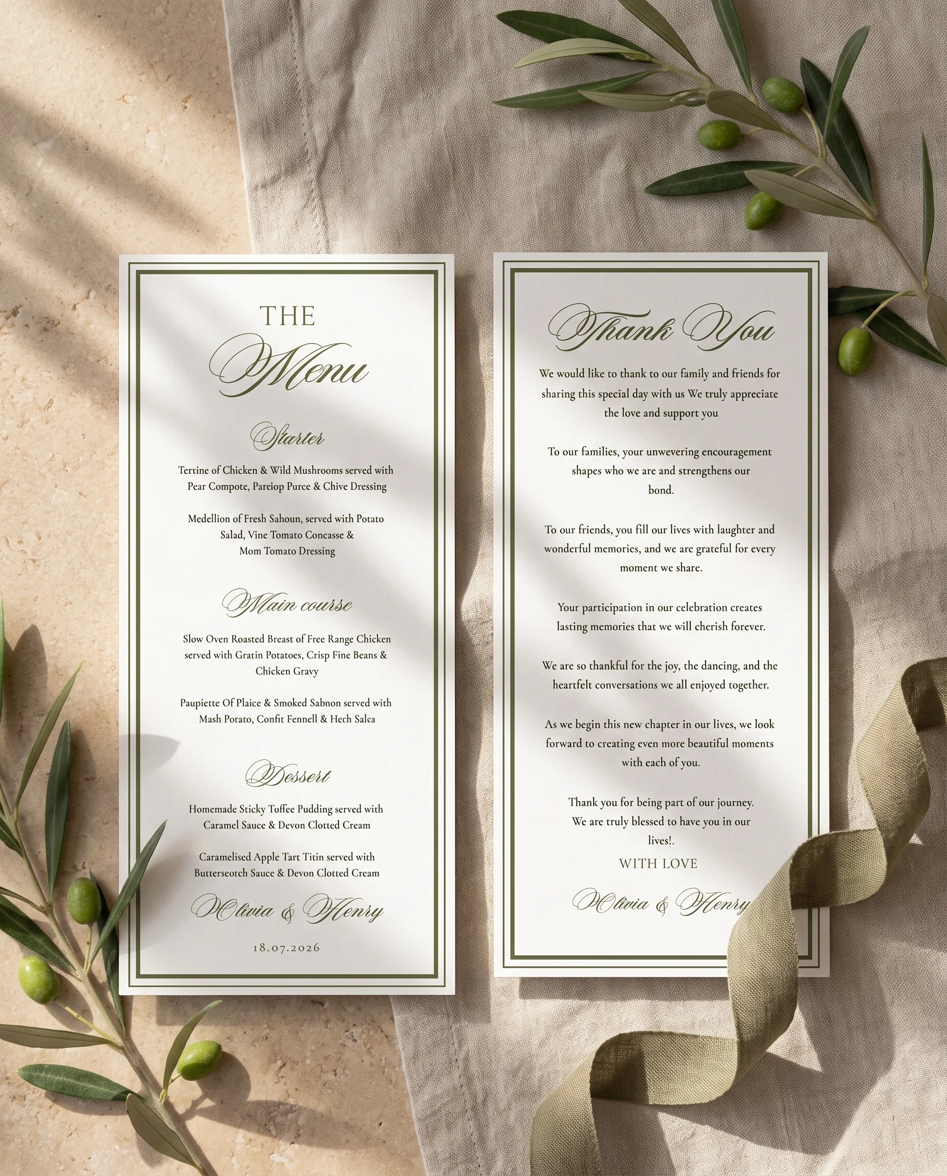 Olive Script wedding menu — both pages laid flat under soft natural light on premium editorial paper, wedding menu.