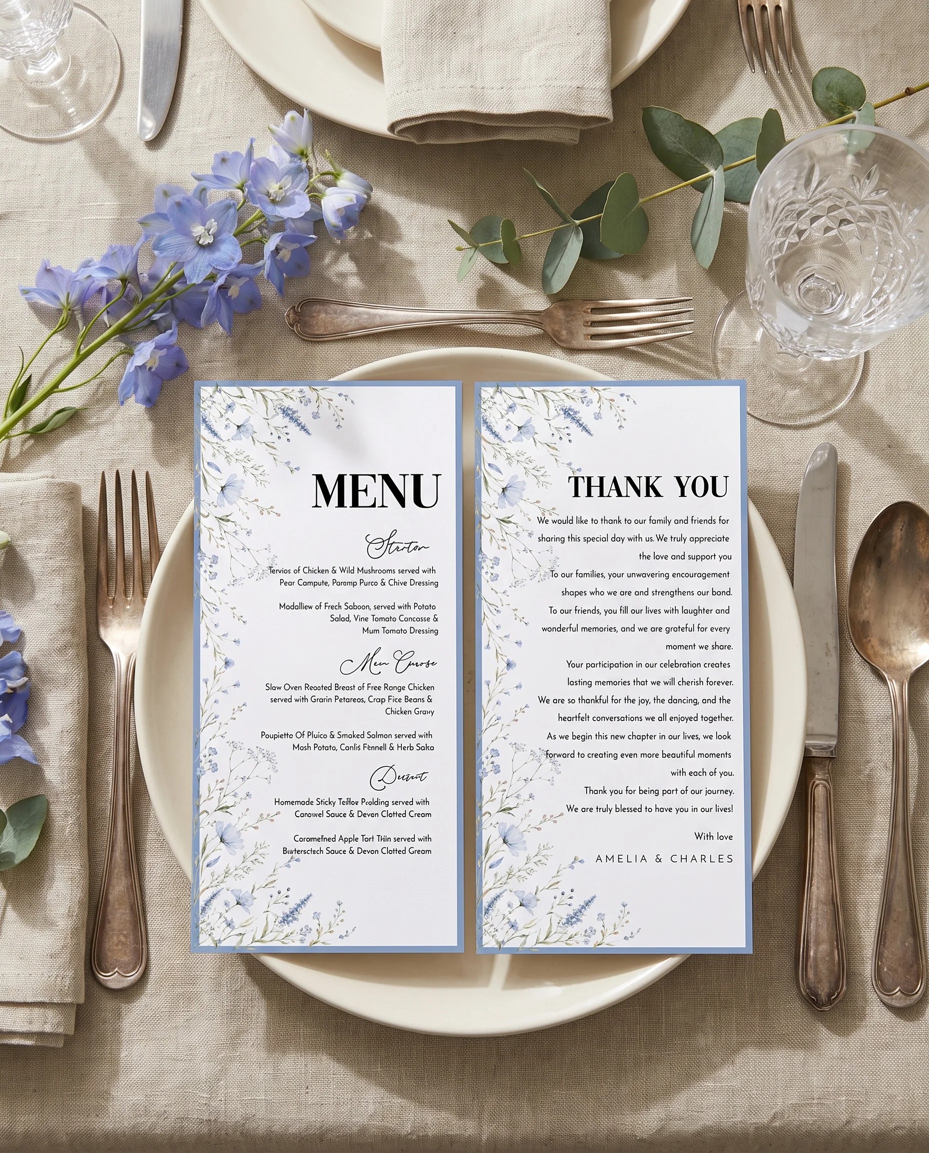 Azure Sprig wedding menu — menu and thank you card on a plate at a set place setting, wedding menu cards