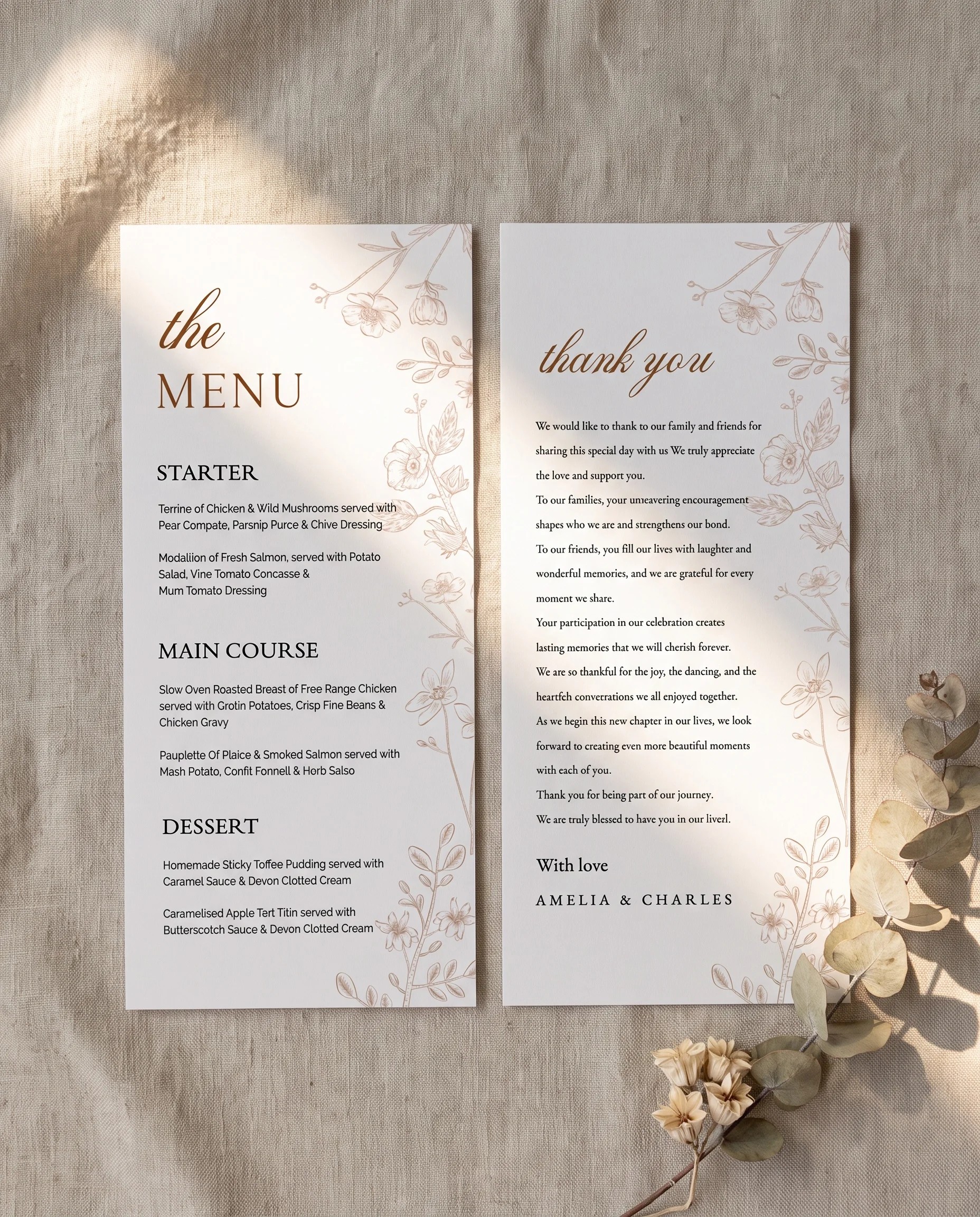 Petalcrest wedding menu — two menu pages shown flat under soft natural light with a slight overhead angle, wedding menu