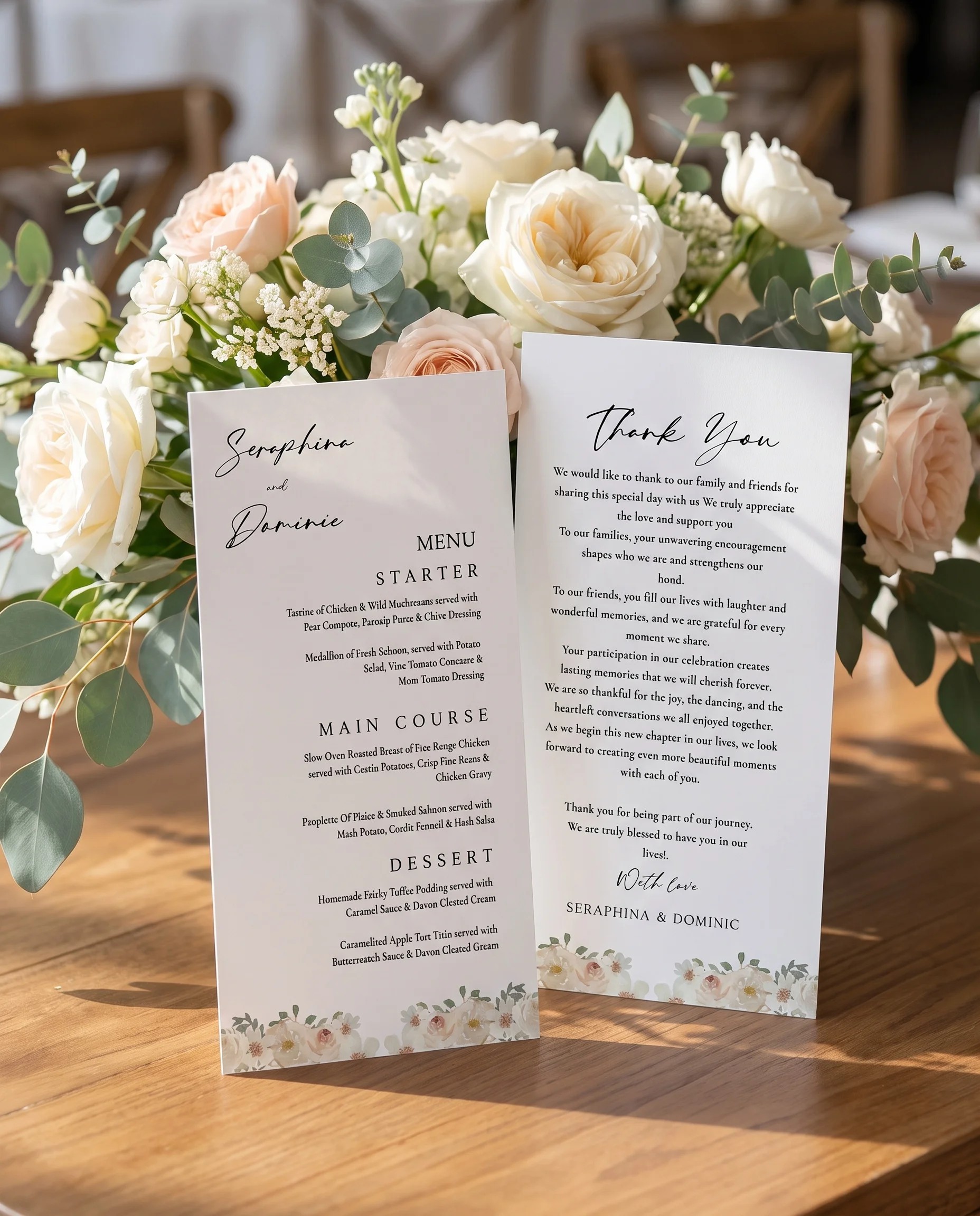 Seraphine wedding menu — two-page menu card standing upright on a reception table in soft natural light, wedding menu template.