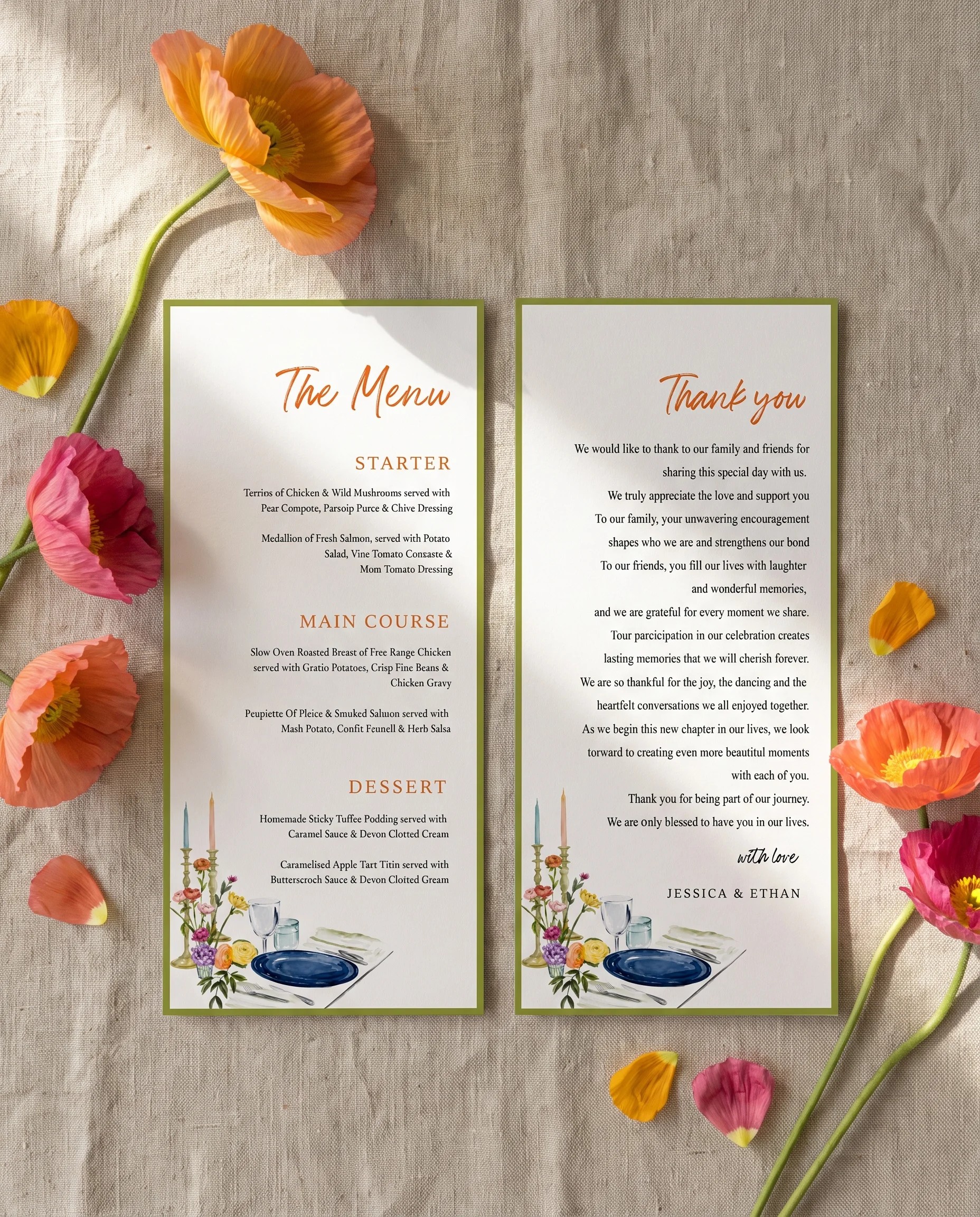 Poppy Court wedding menu — two pages arranged flat under soft natural light with a slight overhead angle, wedding menu