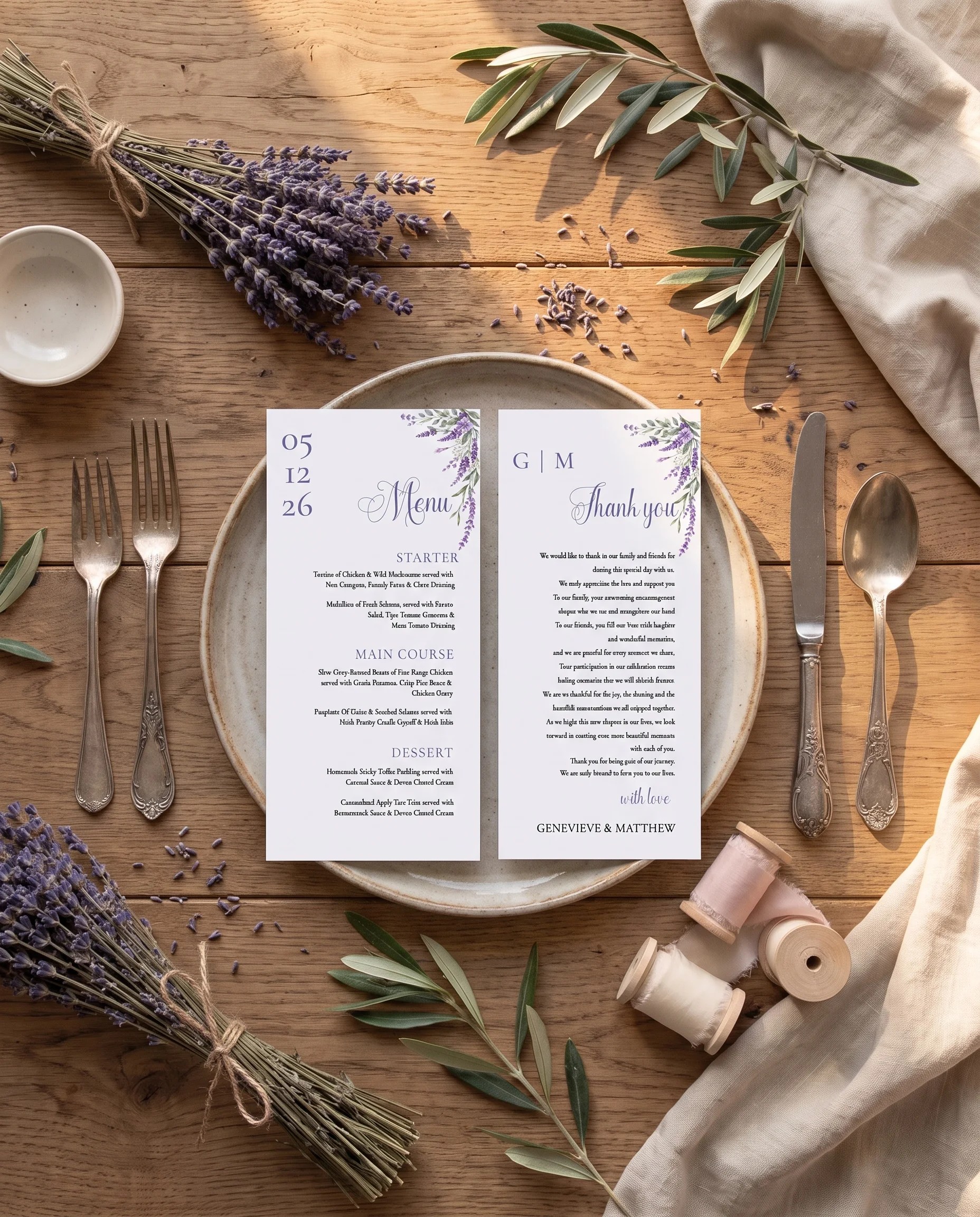 Provence Fields wedding menu — menu and thank you card on a plate at a set place setting, wedding menu cards