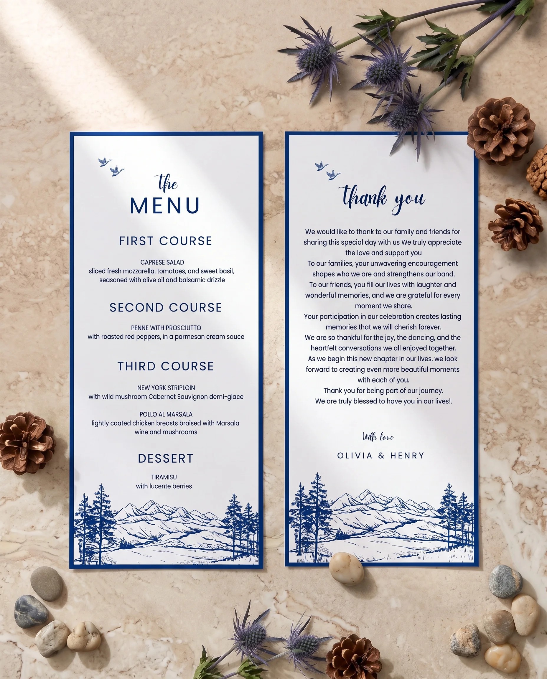 Blue Range wedding menu — two pages shown flat on premium paper under soft natural light, slight overhead angle, wedding menu.