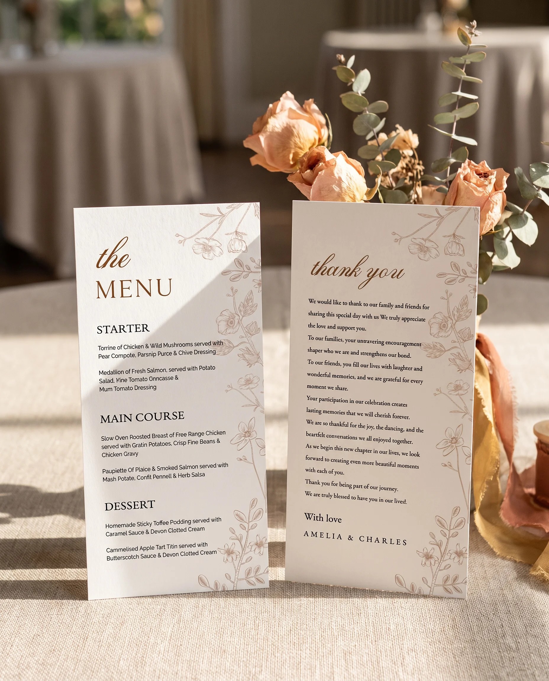 Petalcrest wedding menu — menu card standing upright on a reception table under soft natural light, wedding menu template.