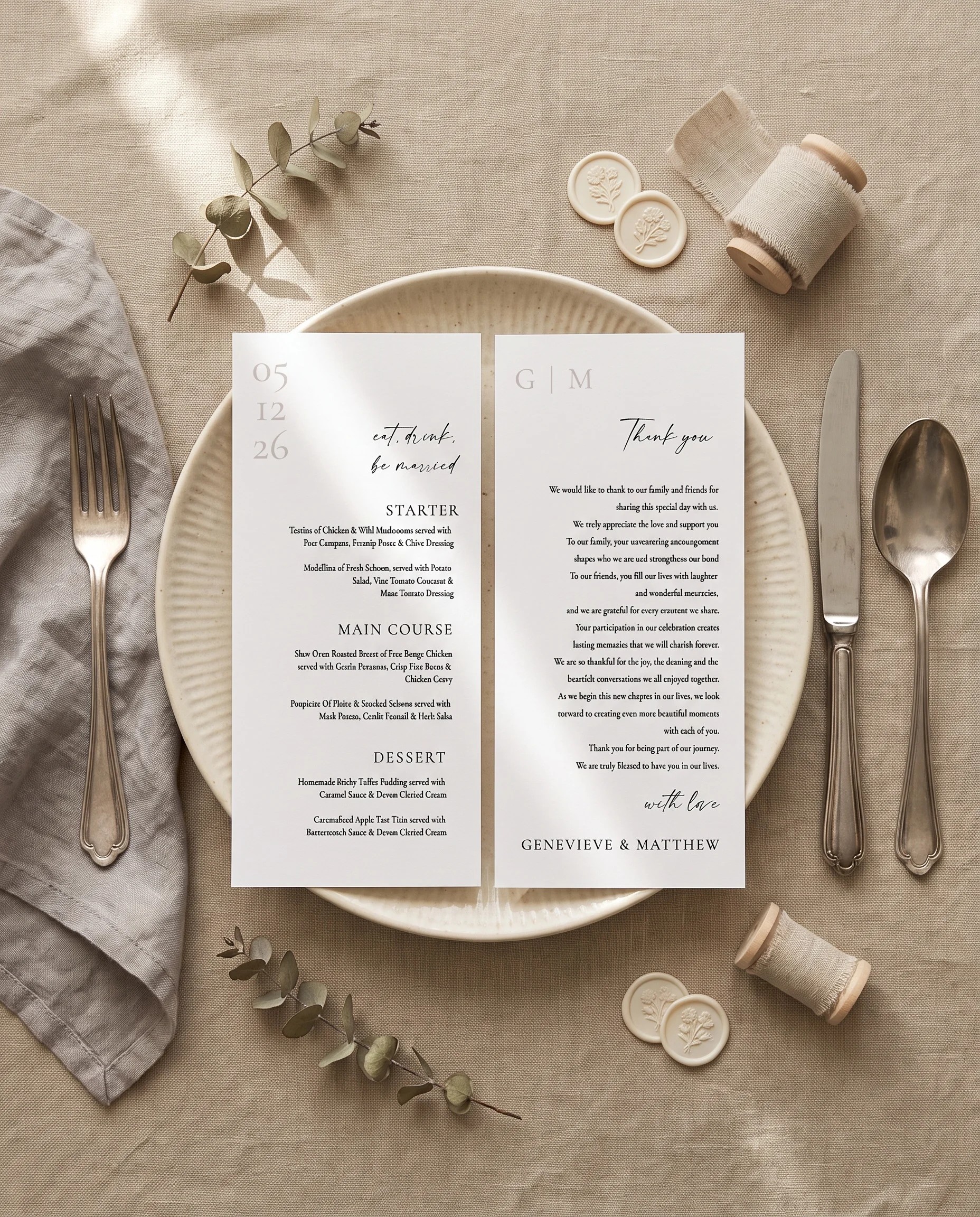 Arcadia wedding menu — menu and thank you card on a plate at a set place setting, wedding menu cards