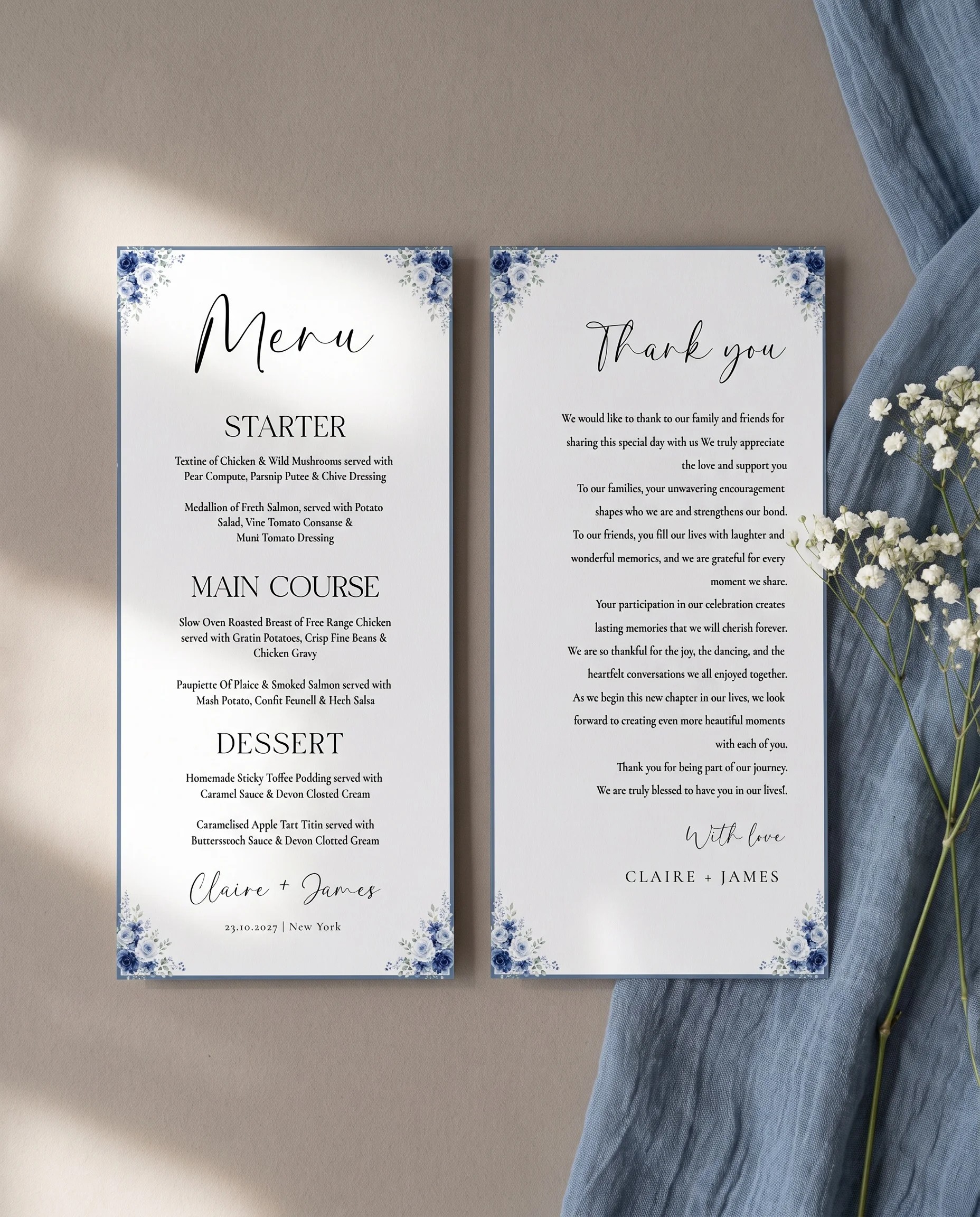 Bluebloom wedding menu — two menu pages laid flat under soft natural light with a slight overhead angle, wedding menu.