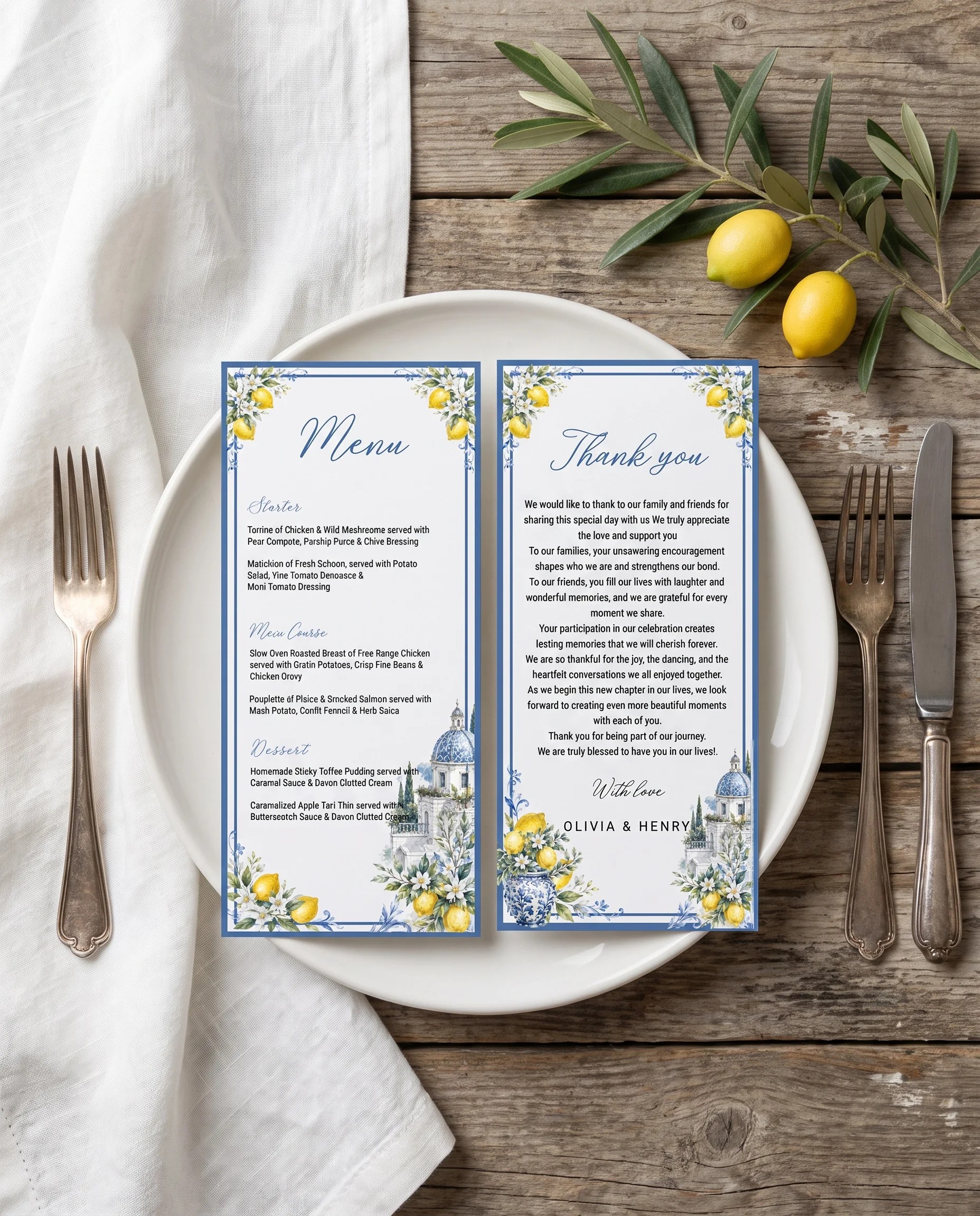 Amalfi Grove wedding menu — menu and thank you card resting on a plate at an elegant place setting, wedding menu cards.