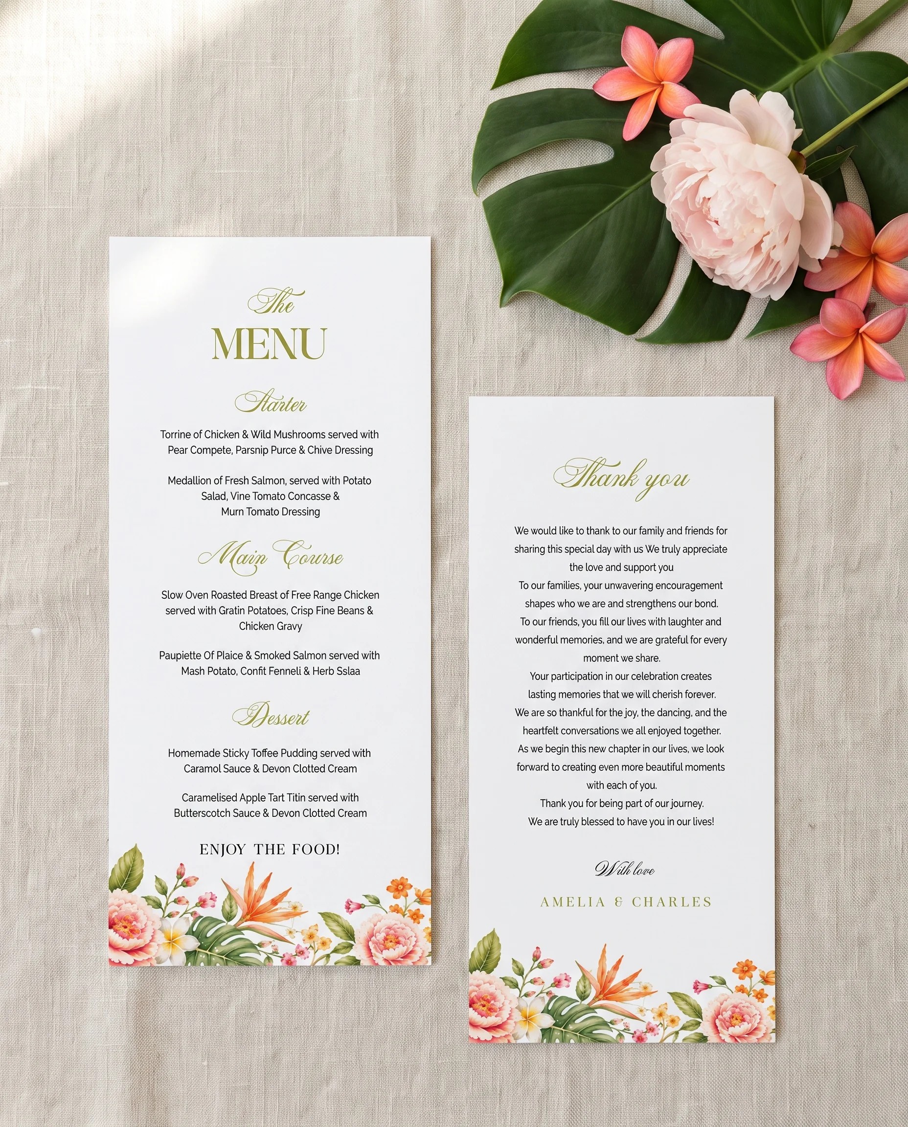 Plumeria Peony wedding menu — menu and thank you card shown flat under soft natural light with a slight overhead angle, wedding menu