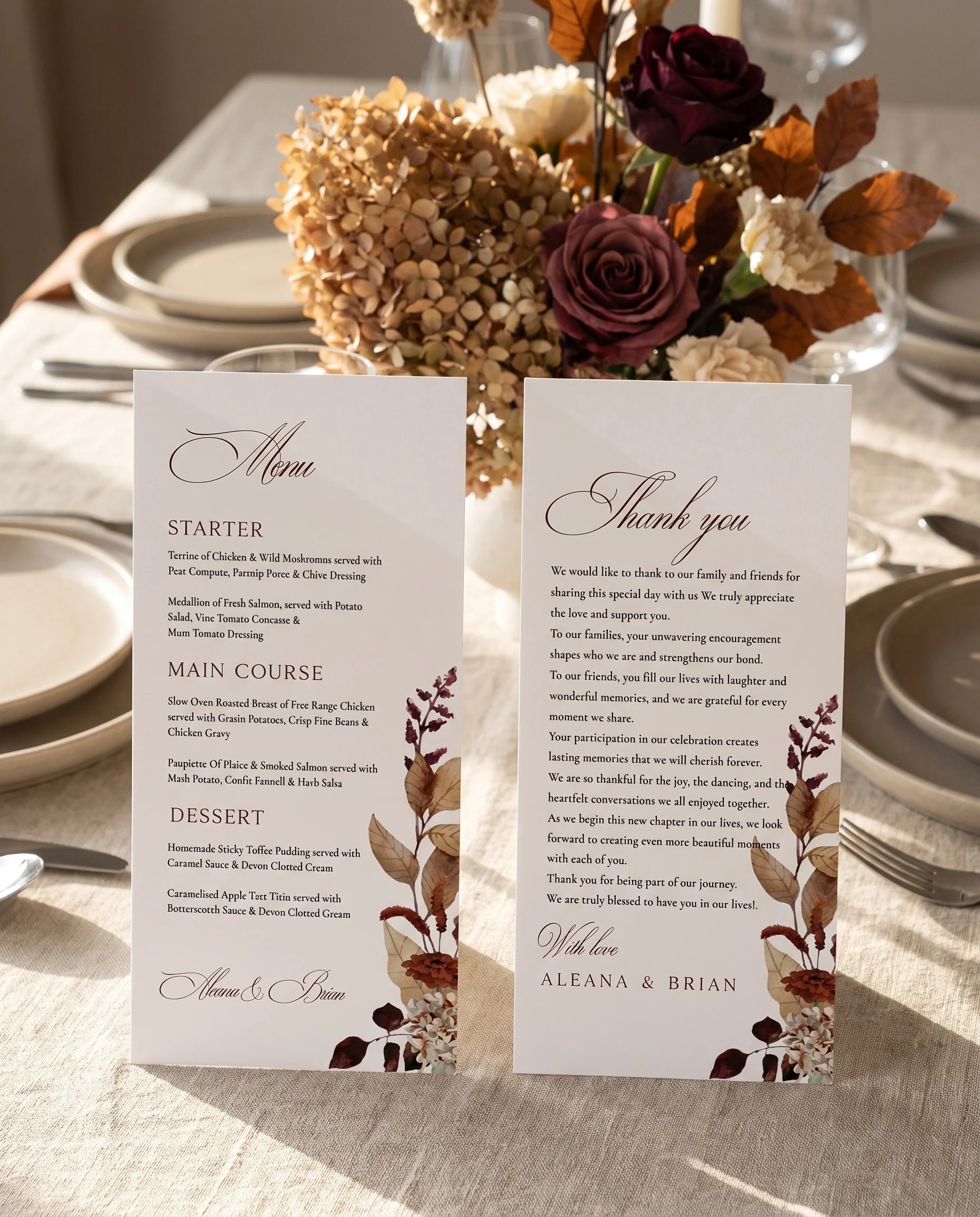 Bramble Row wedding menu — two menu pages standing upright on a reception table under soft natural light, wedding menu template.