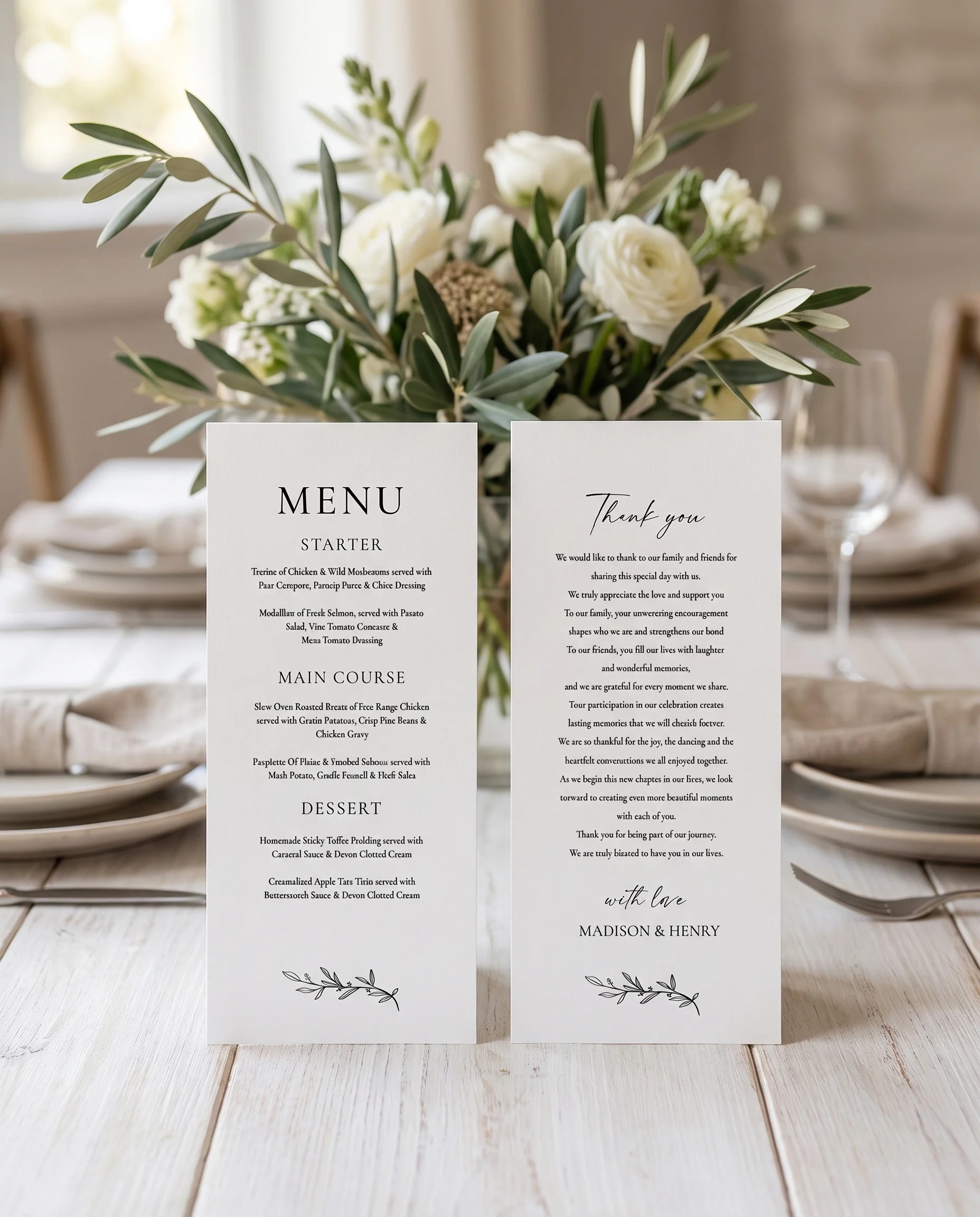 Willow Script wedding menu — two menu pages standing upright on a reception table under soft natural light, wedding menu template.