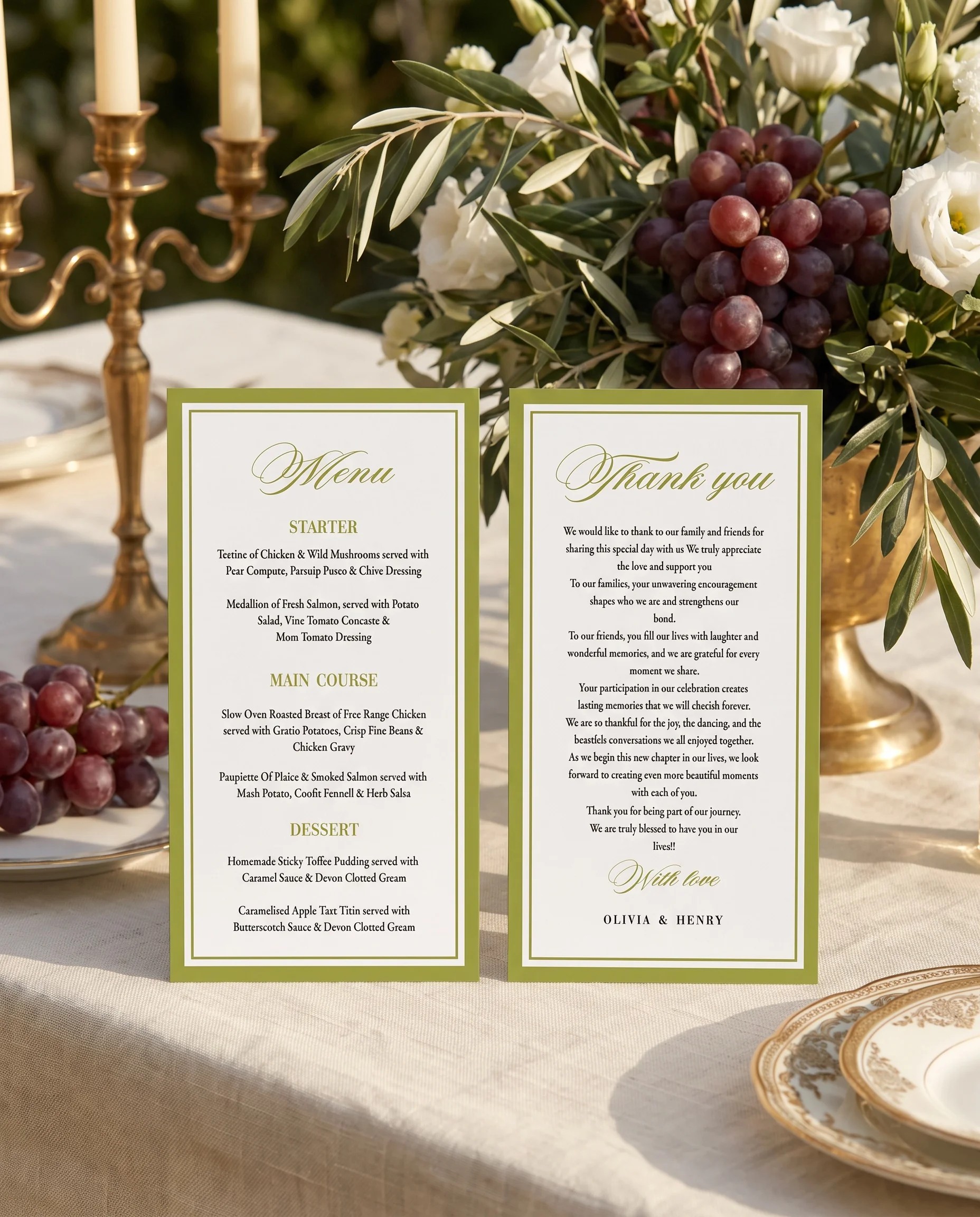 Olive Baroque wedding menu — two menu pages standing upright on a reception table under soft natural light, wedding menu template.