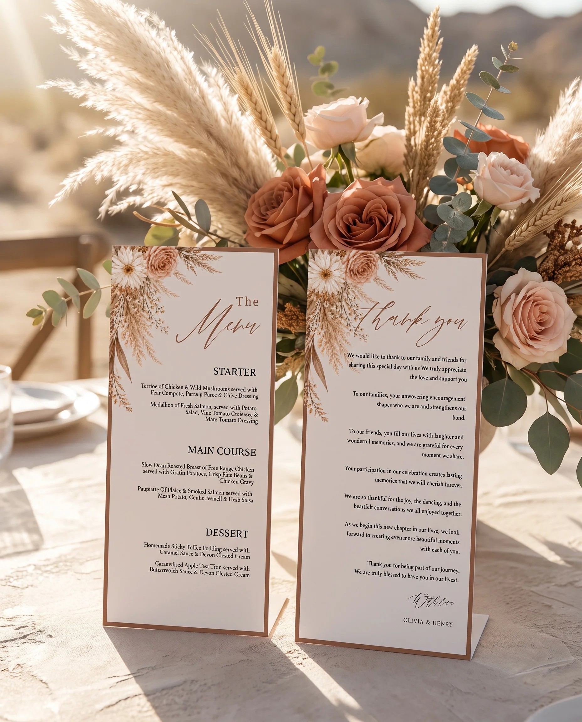 Pampas Hush wedding menu — menu standing upright on a reception table under soft natural light, premium editorial paper, wedding menu template.