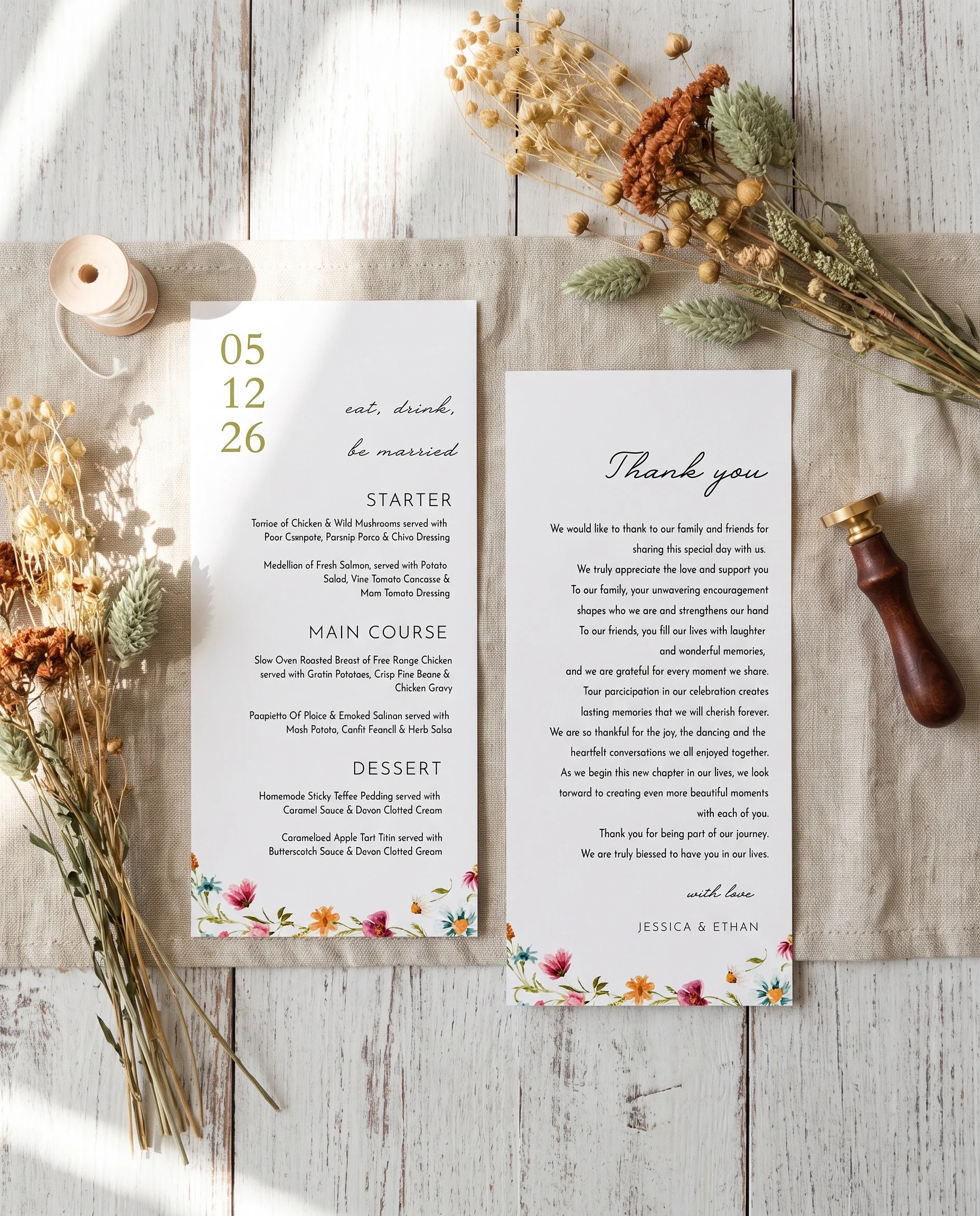 Meadow Ring wedding menu — flat lay of the menu and thank you card on premium paper in soft natural light, wedding menu