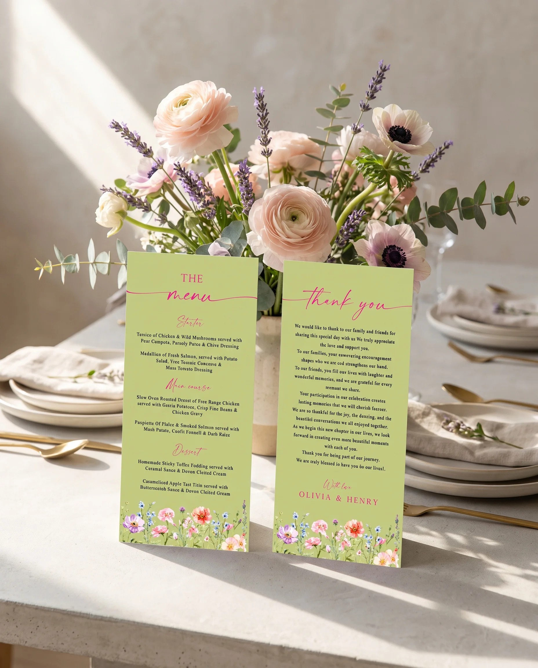 Wildmeadow Bouquet wedding menu — menu and thank you card standing upright on a reception table under soft natural light, wedding menu template.