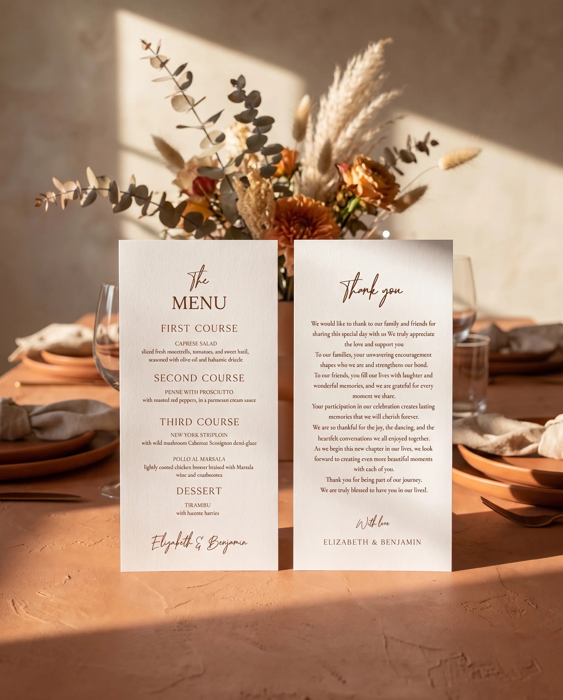 Briar Script wedding menu — two menu pages standing upright on a reception table under soft natural light, wedding menu template.