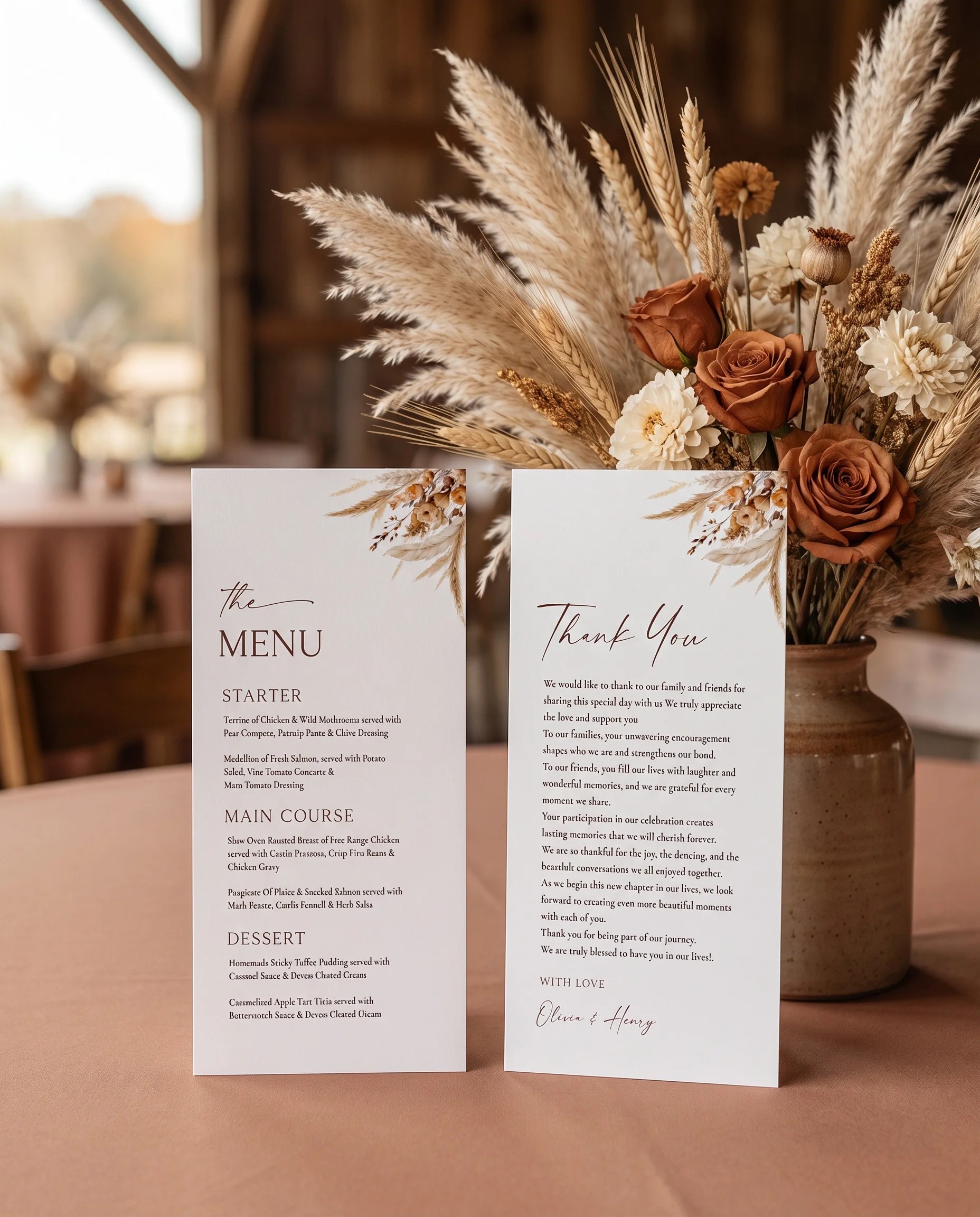 Harvest Script wedding menu — menu and thank you card standing upright on a reception table under soft natural light, wedding menu template