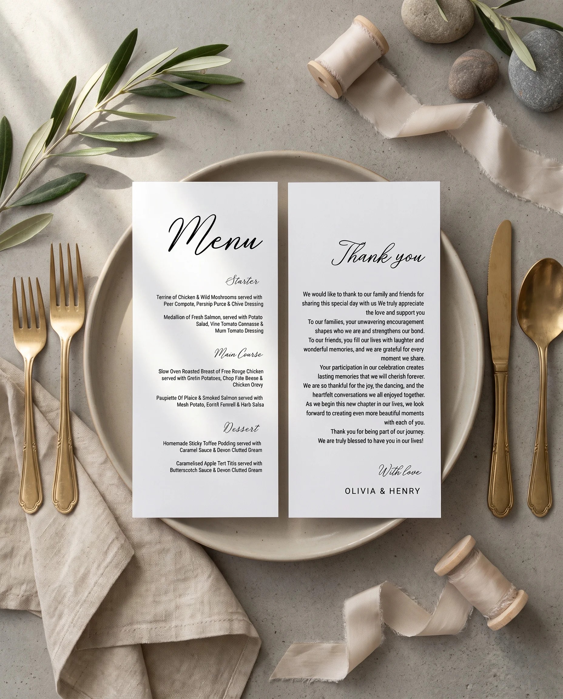 Lyris wedding menu — menu and thank you card resting on a plate at a set place setting, wedding menu cards.