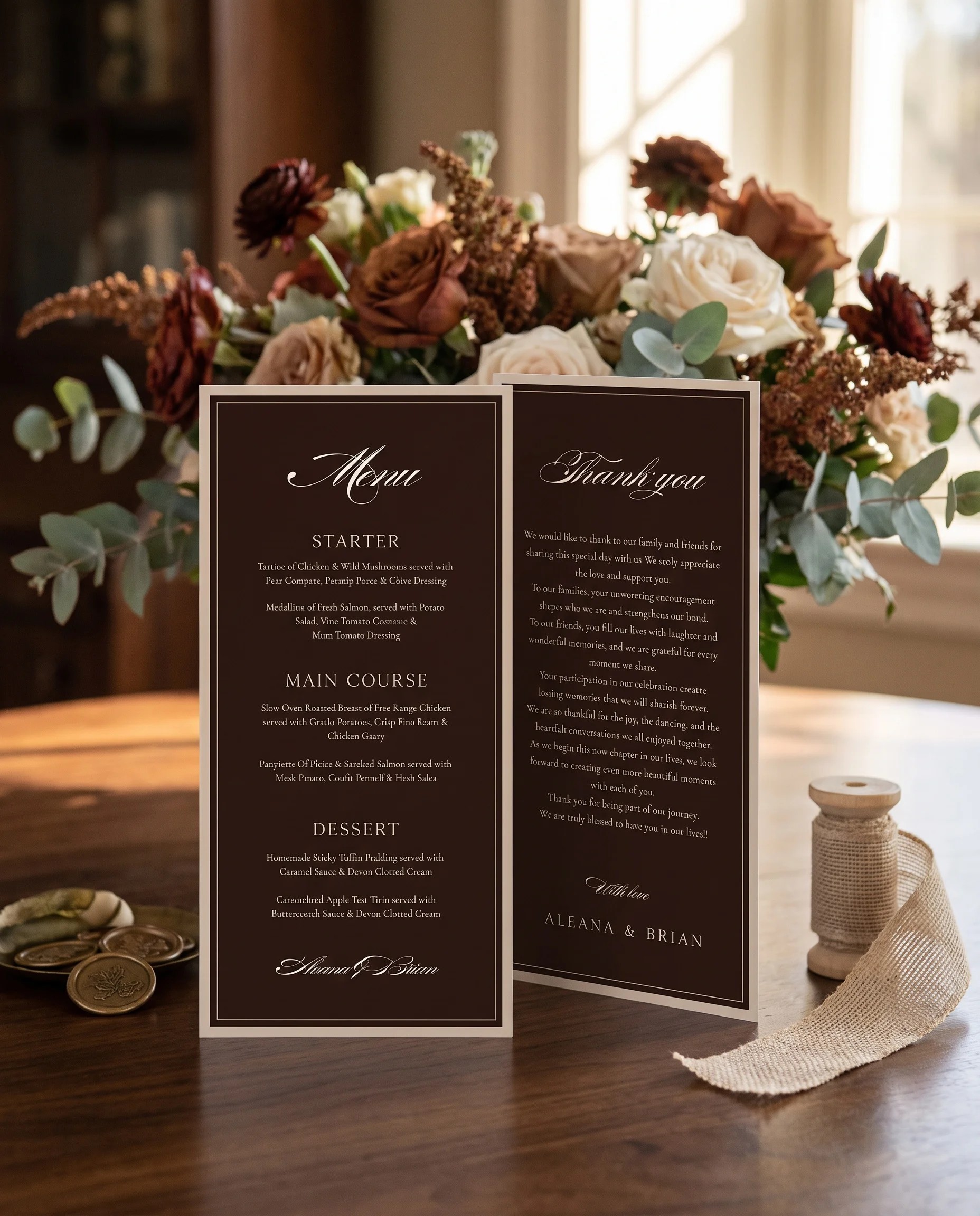 Velour wedding menu — menu and thank you card standing upright on a reception table under soft natural light, wedding menu template