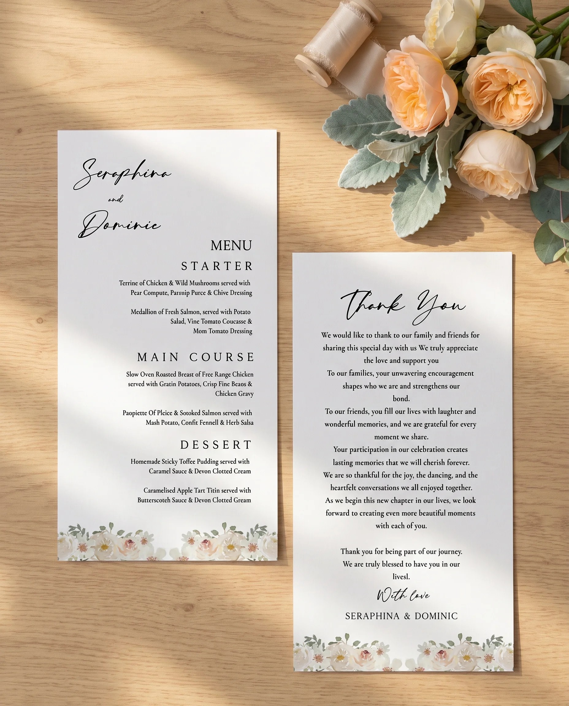 Seraphine wedding menu — two menu pages arranged flat in soft natural light with a slight overhead angle, wedding menu