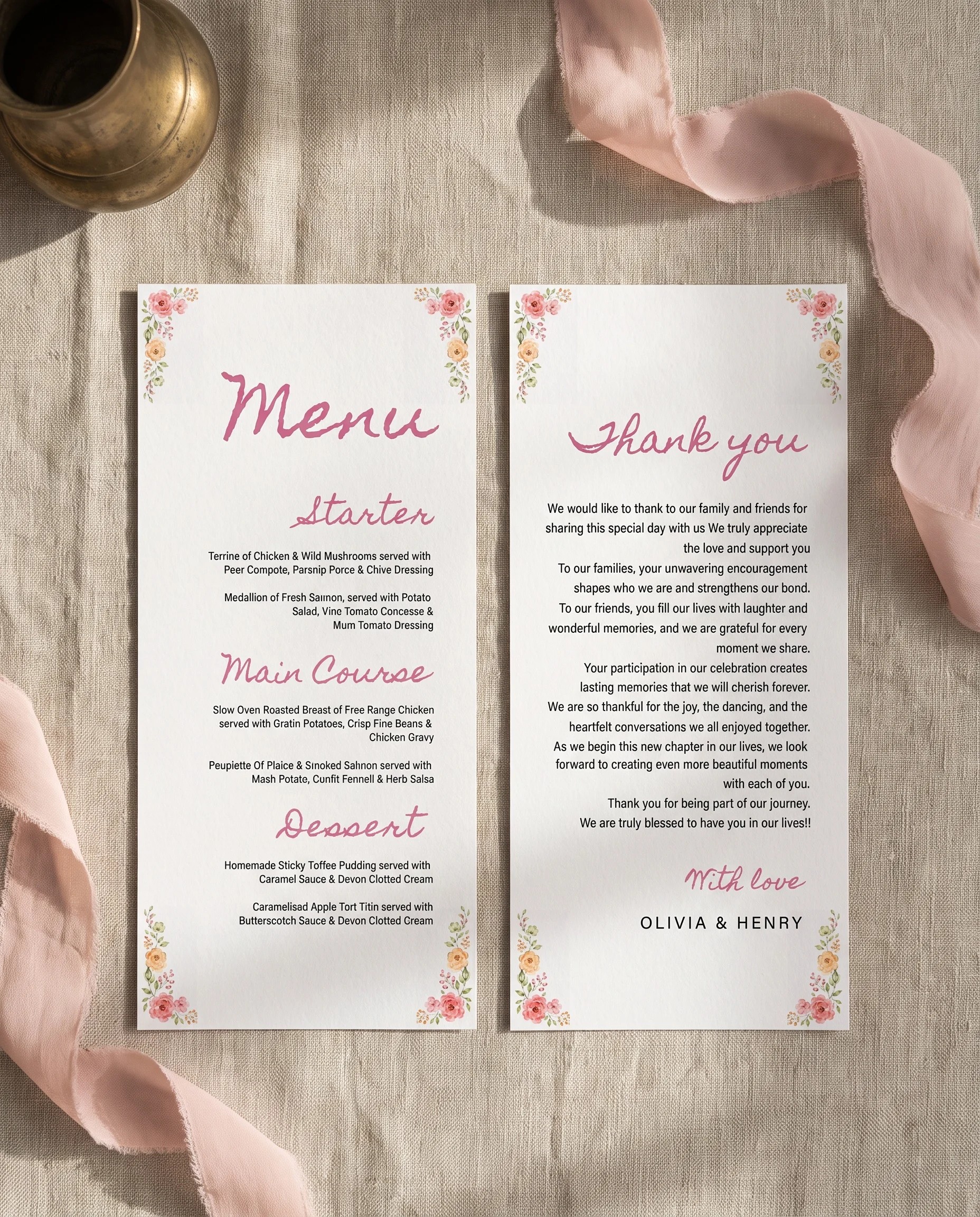 Blush Garland wedding menu — menu and thank you card shown flat under soft natural light at a slight overhead angle, wedding menu.