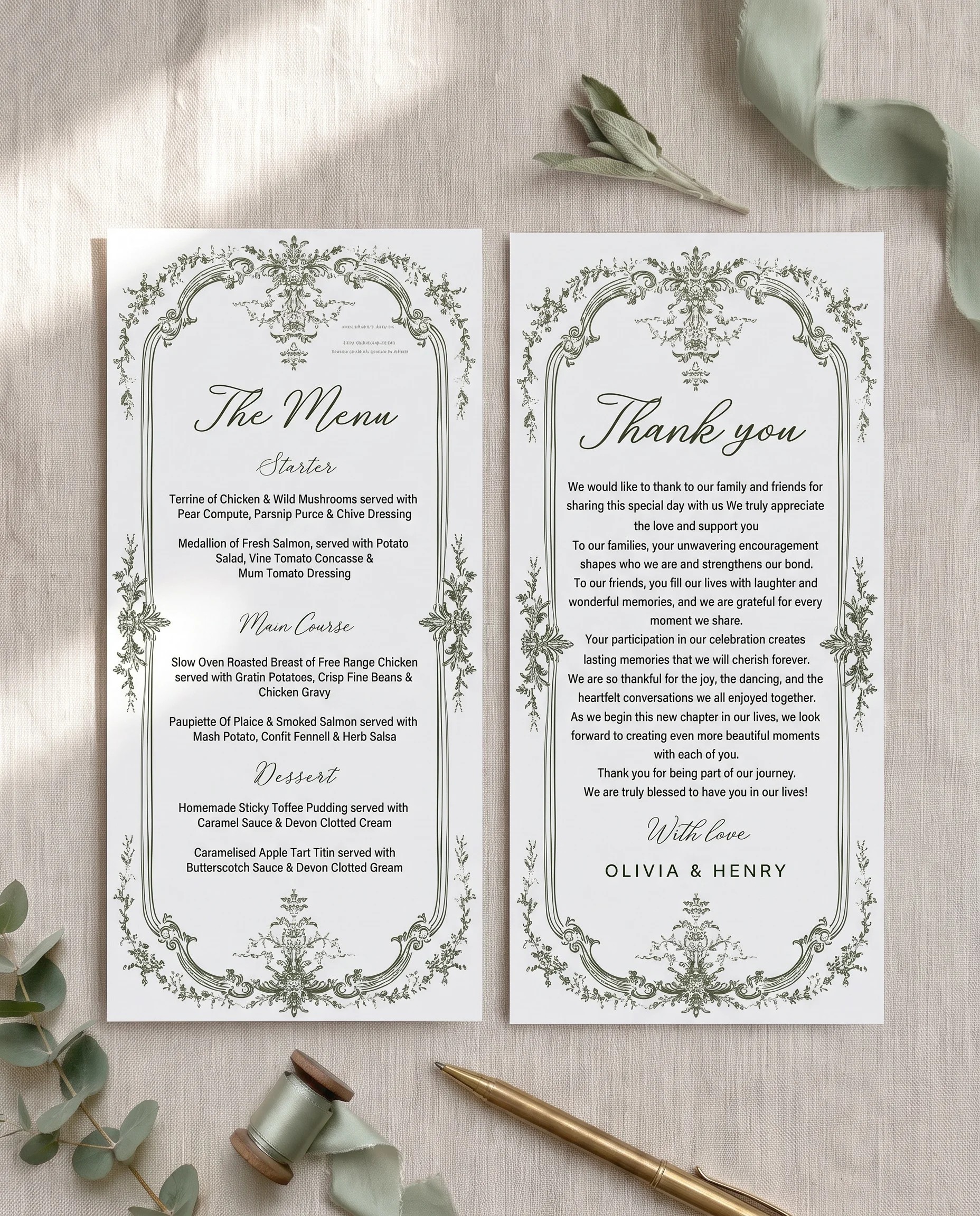 Sage Crest wedding menu — two pages arranged flat on premium editorial paper under soft natural light with a slight overhead angle, wedding menu.