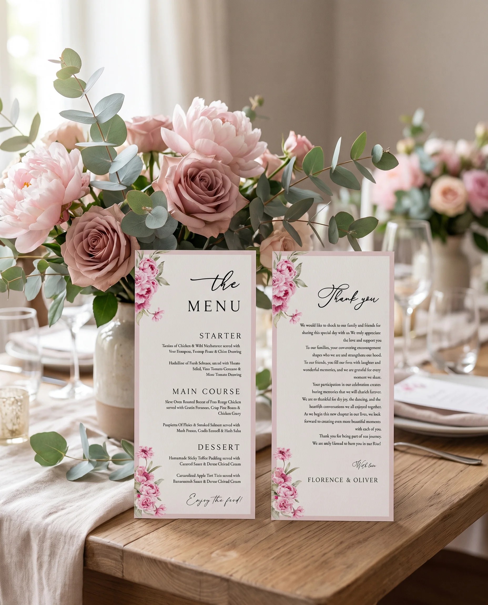 Blush Peony wedding menu — two pages standing upright on a reception table under soft natural light, wedding menu template
