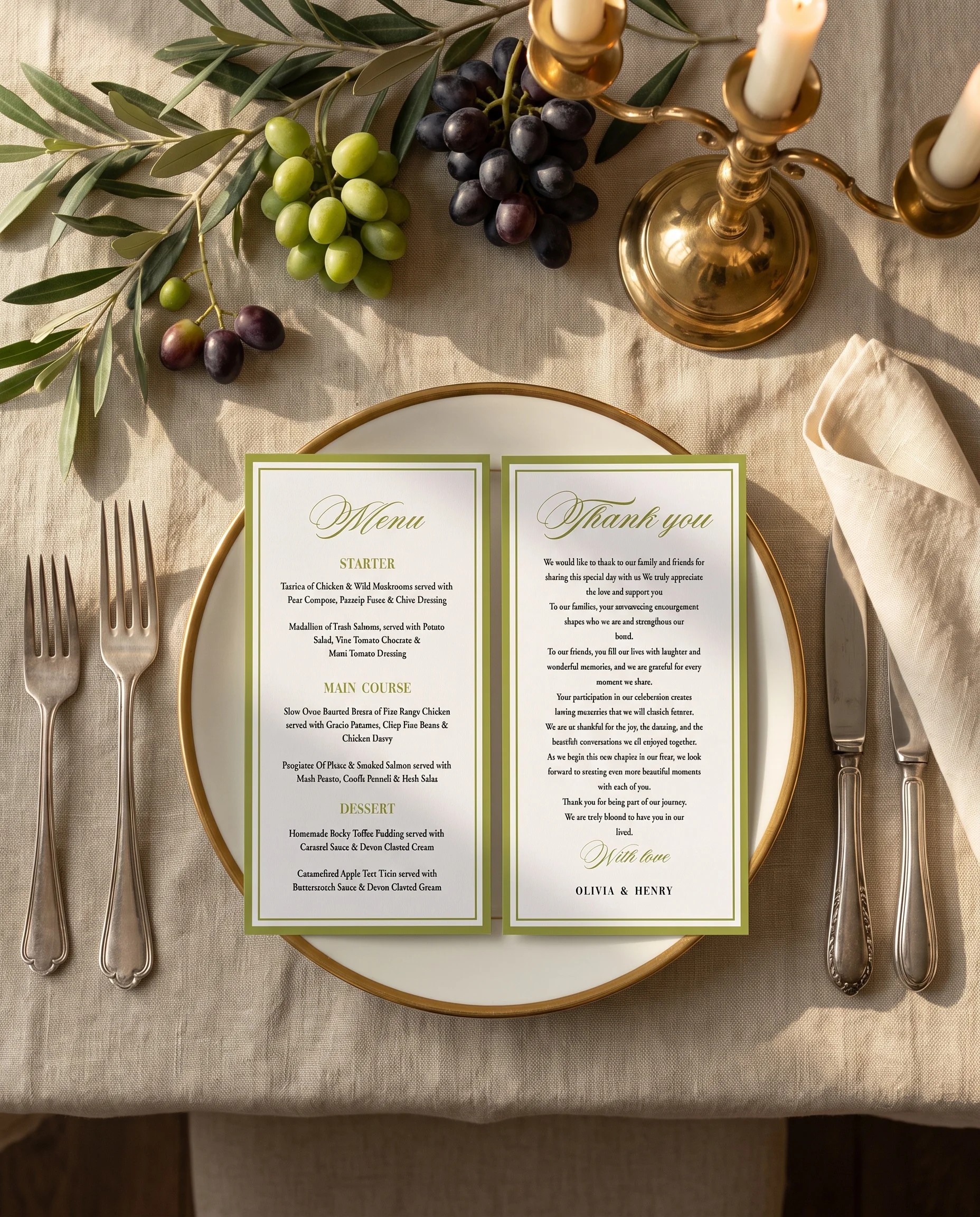 Olive Baroque wedding menu — displayed on a plate at an elegant place setting with soft natural light, wedding menu cards.