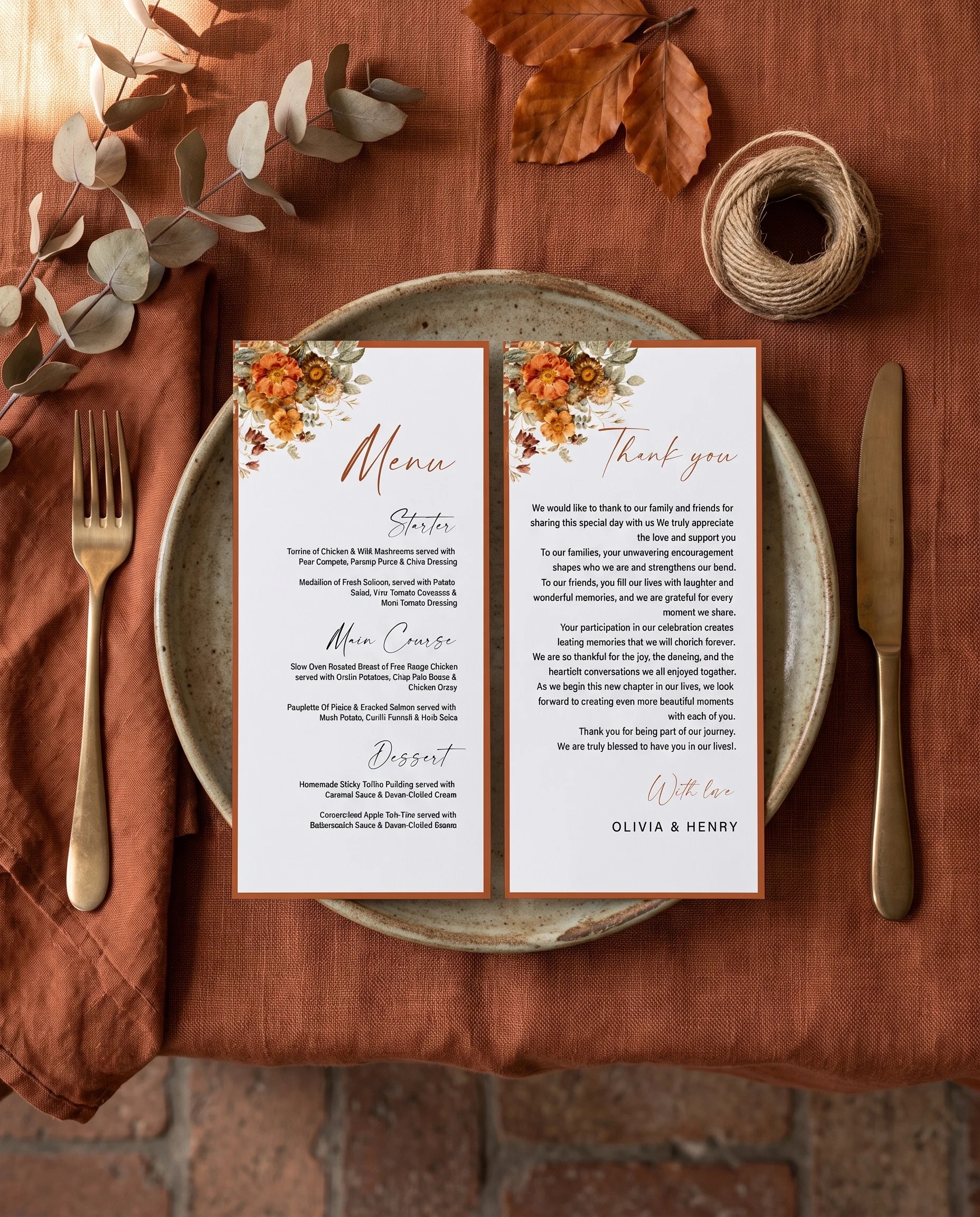 Terracotta Crown wedding menu — menu and thank you card resting on a plate at an elegantly set place setting, wedding menu cards.