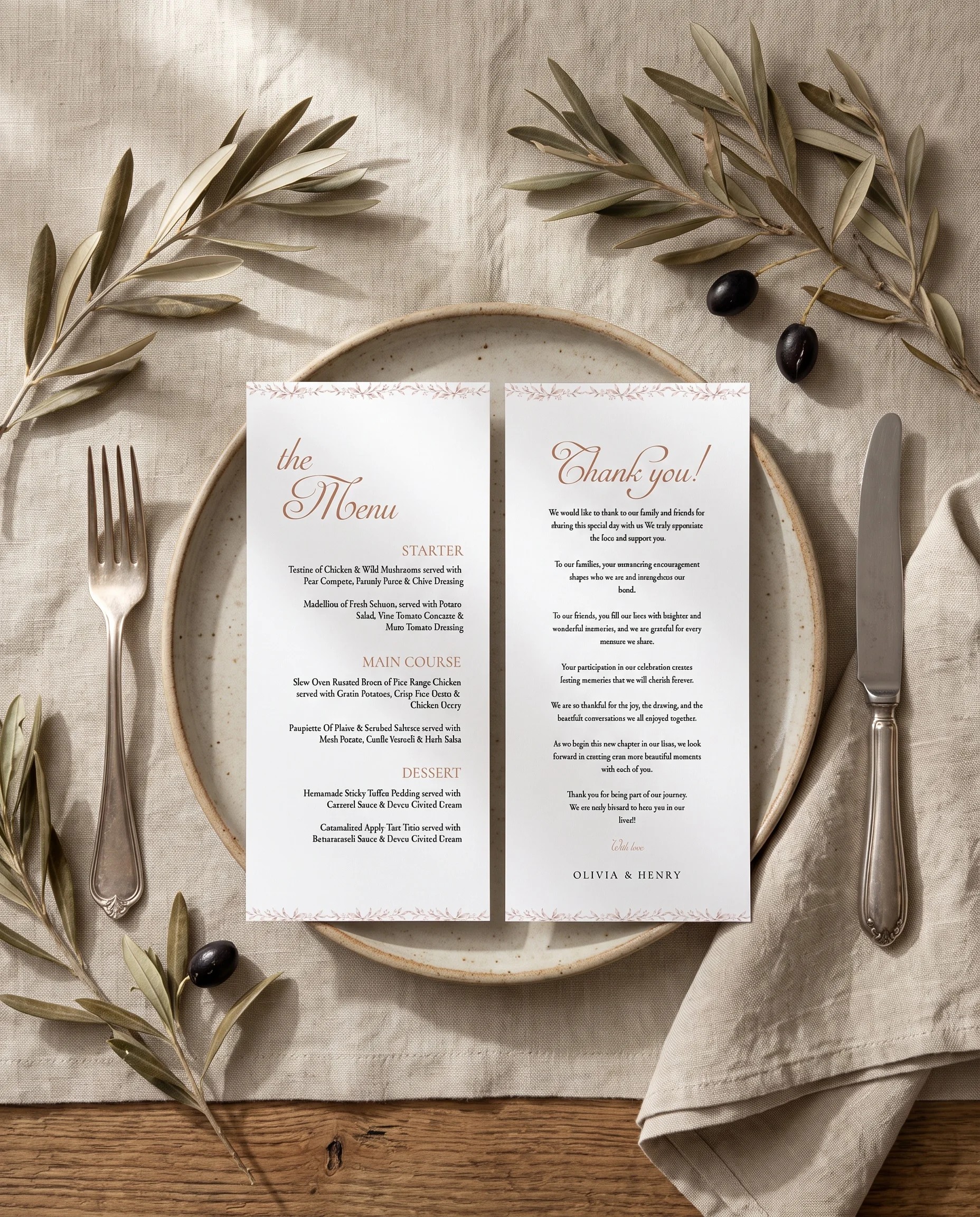 Sepia Sprig wedding menu — menu and thank you card resting on a plate at a set place setting, wedding menu cards.