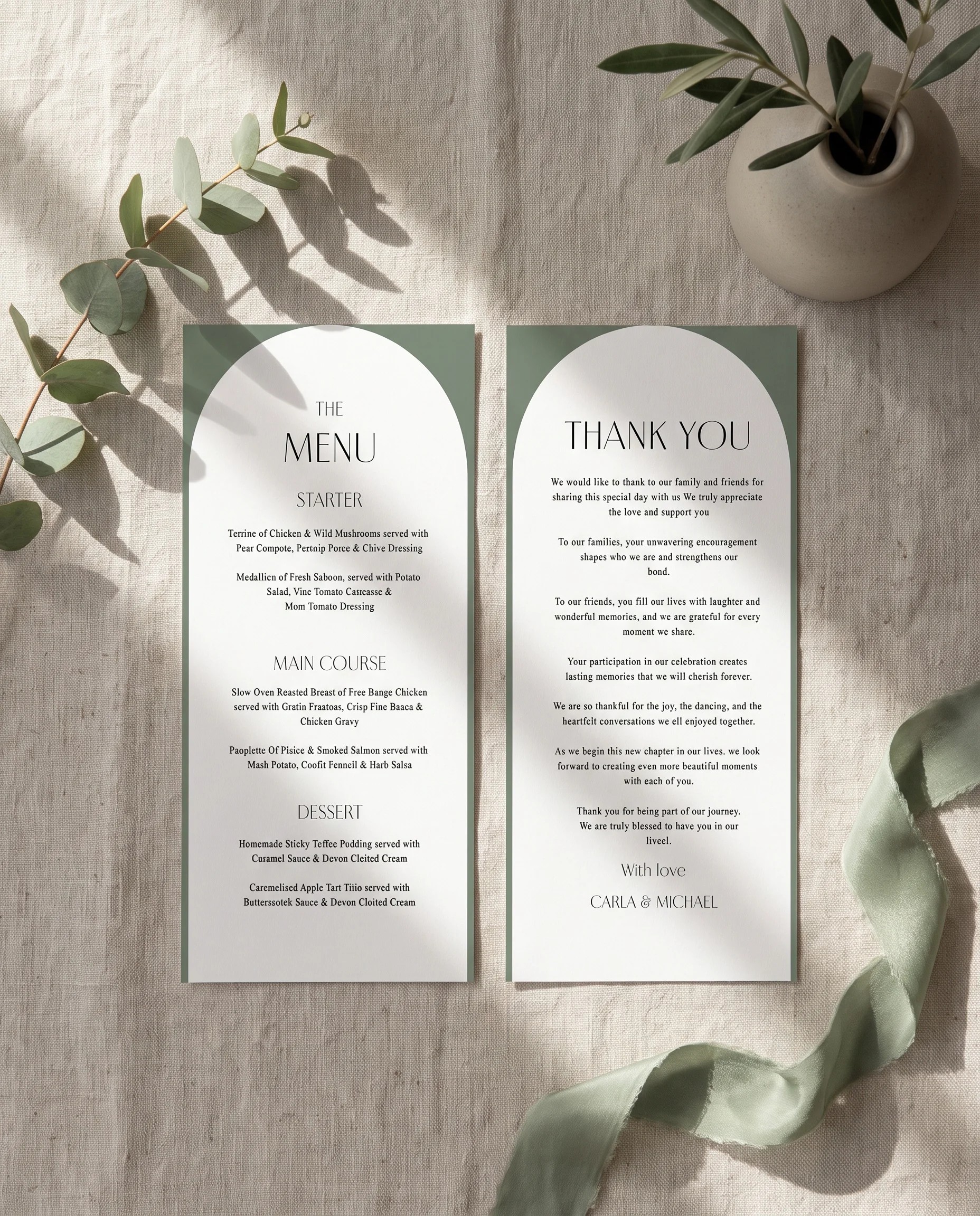 Arc Vale wedding menu — two pages laid flat on premium editorial paper under soft natural light, wedding menu