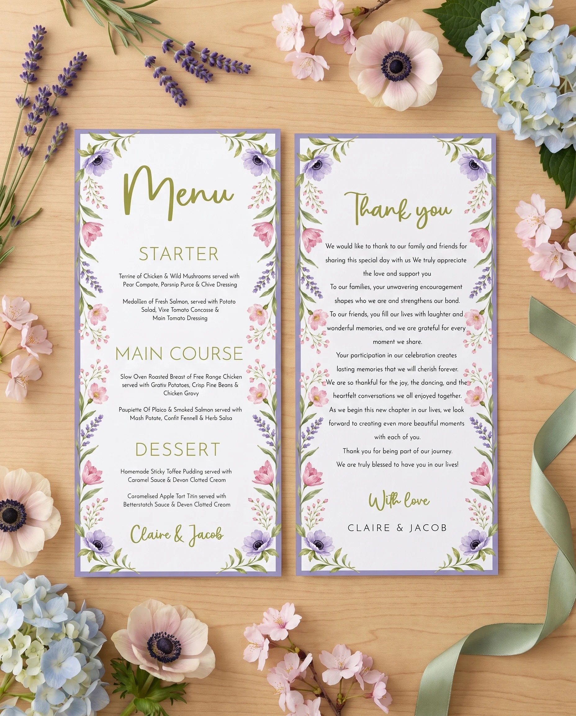 Anemone Toast wedding menu — menu and thank you card shown flat under soft natural light, wedding menu.
