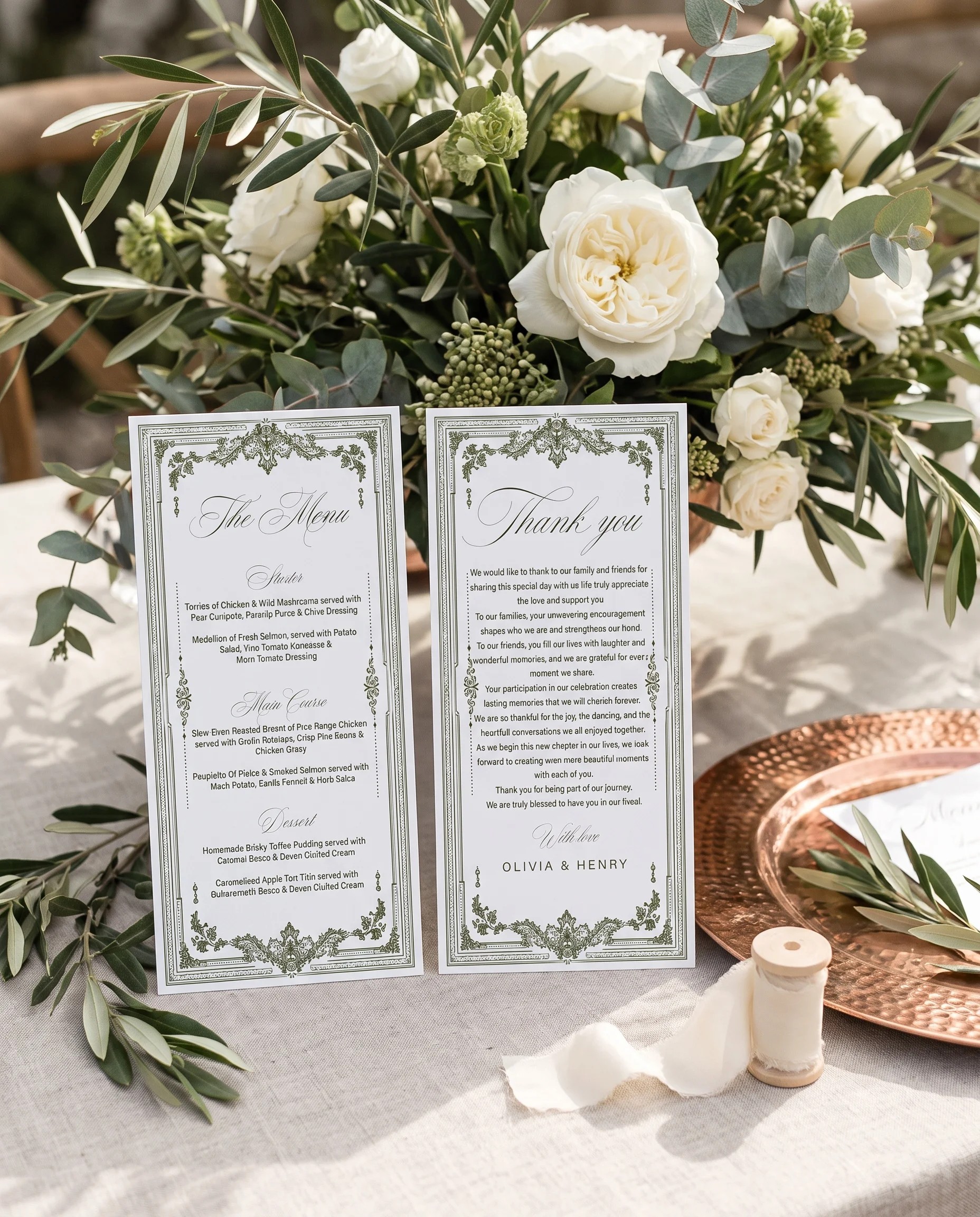 Verdant Filigree wedding menu — menu and thank you card standing upright on a reception table in soft natural light, wedding menu template.
