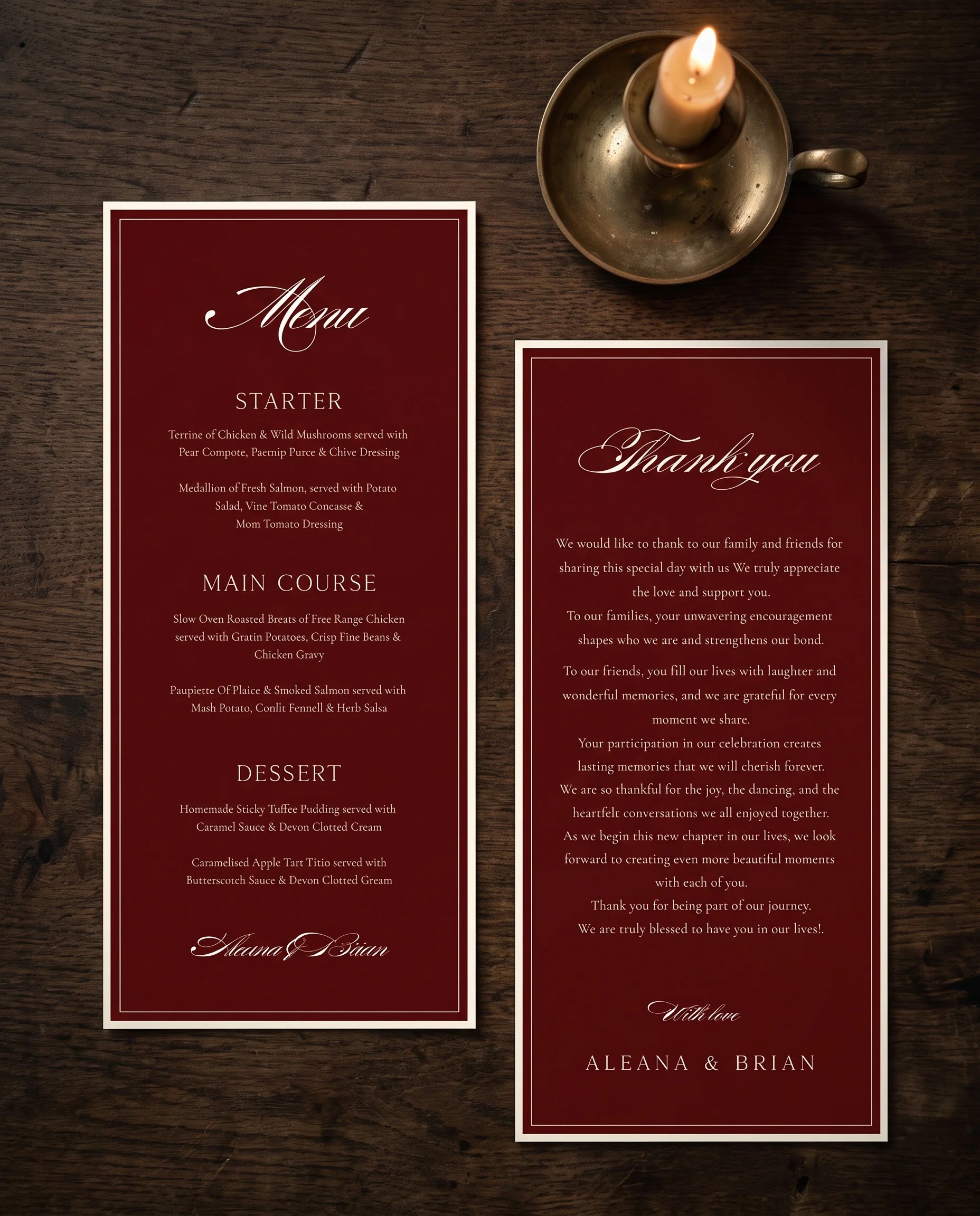 Claret Filigree wedding menu — two menu pages shown flat under soft natural light with a slight overhead angle, wedding menu.