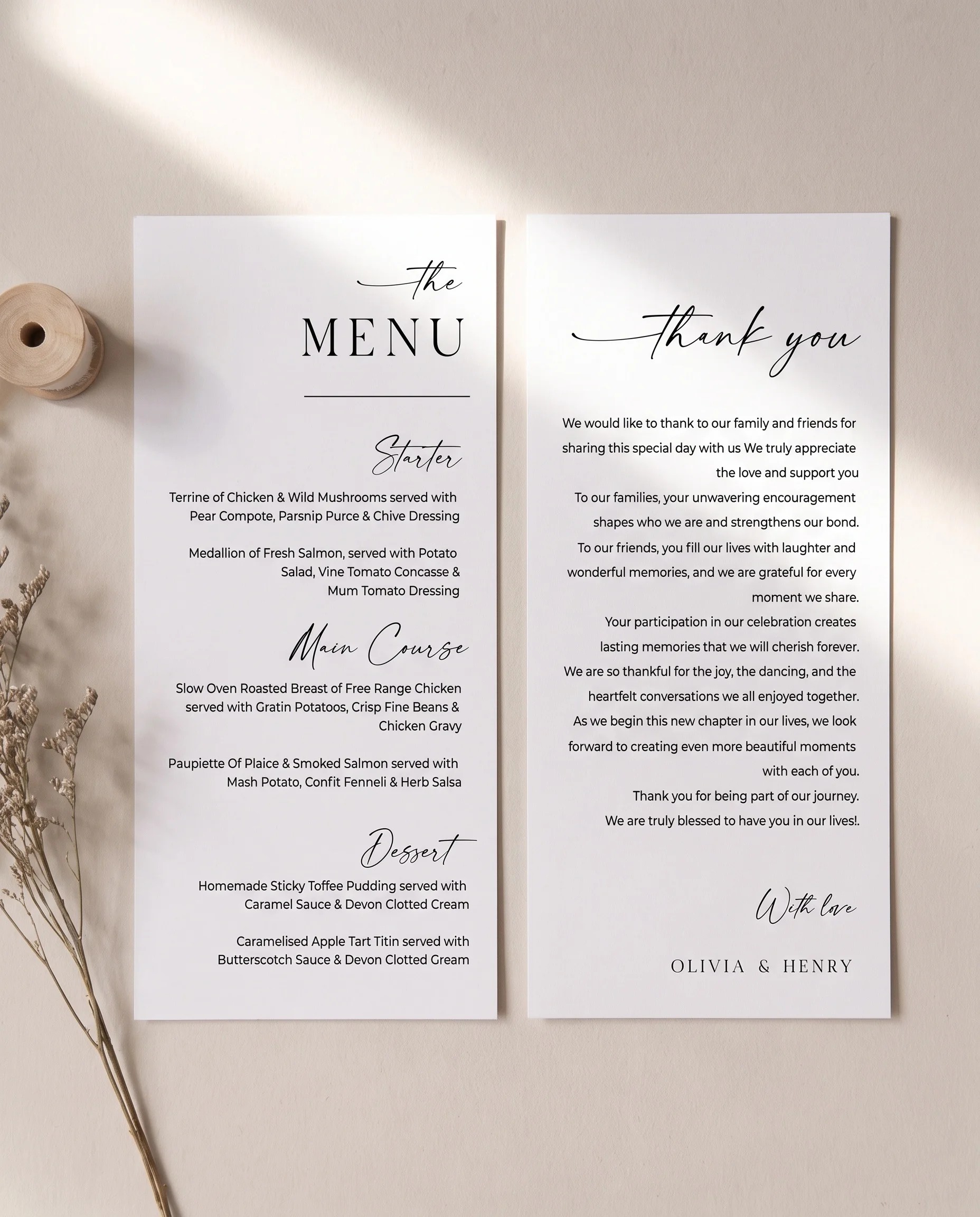 Charline wedding menu — two menu pages shown flat under soft natural light at a slight overhead angle, wedding menu
