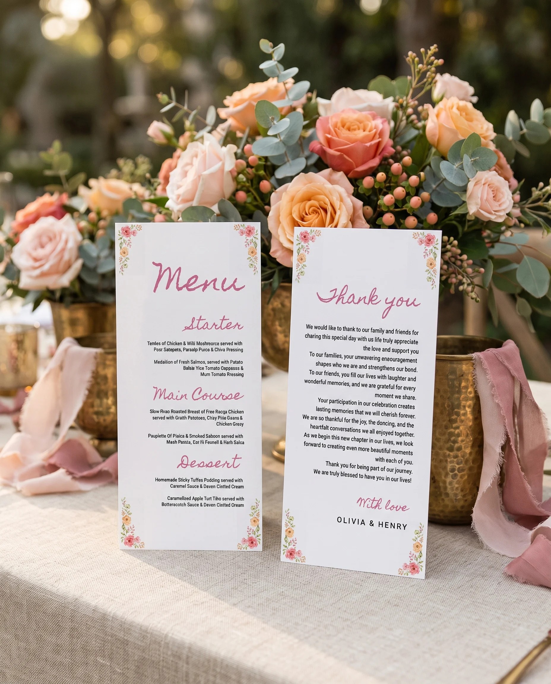 Blush Garland wedding menu — menu and thank you card standing upright on a reception table, wedding menu template.