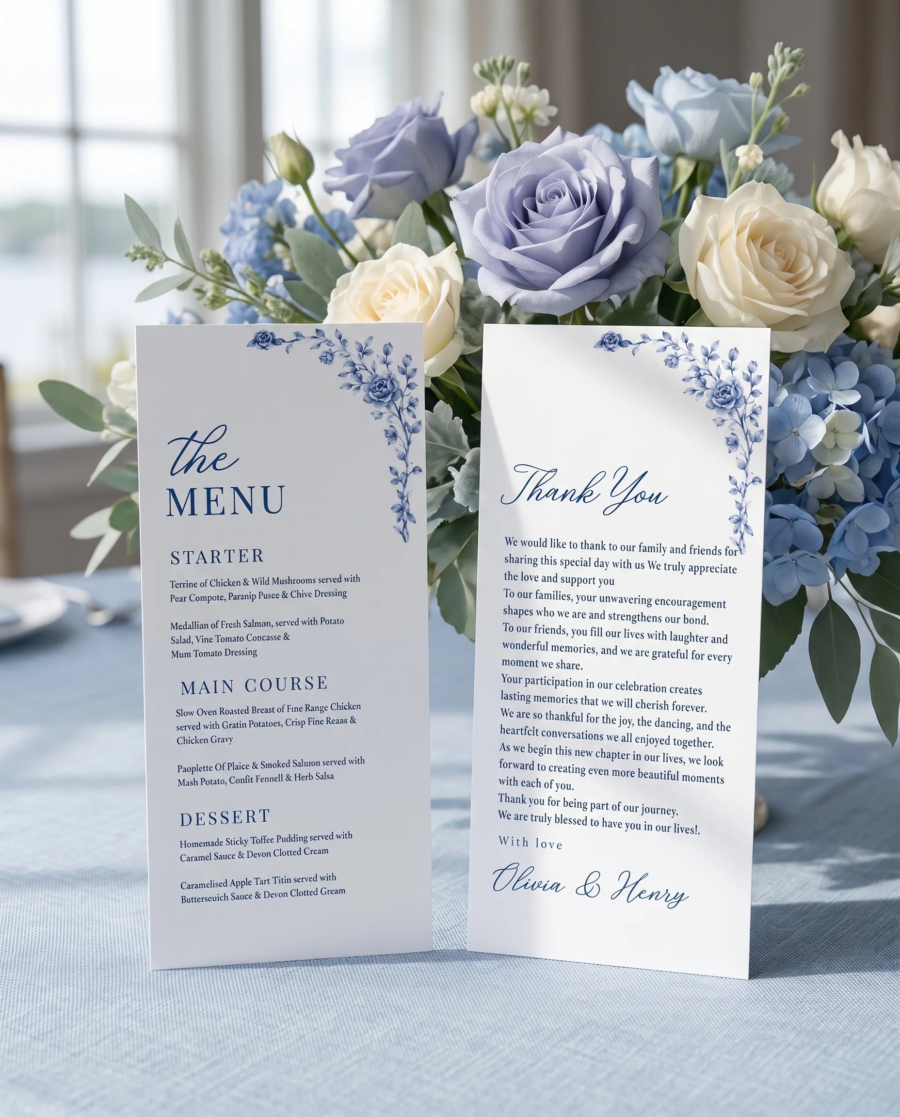 Blue Heron wedding menu — two menu pages standing upright on a reception table under soft natural light, wedding menu template