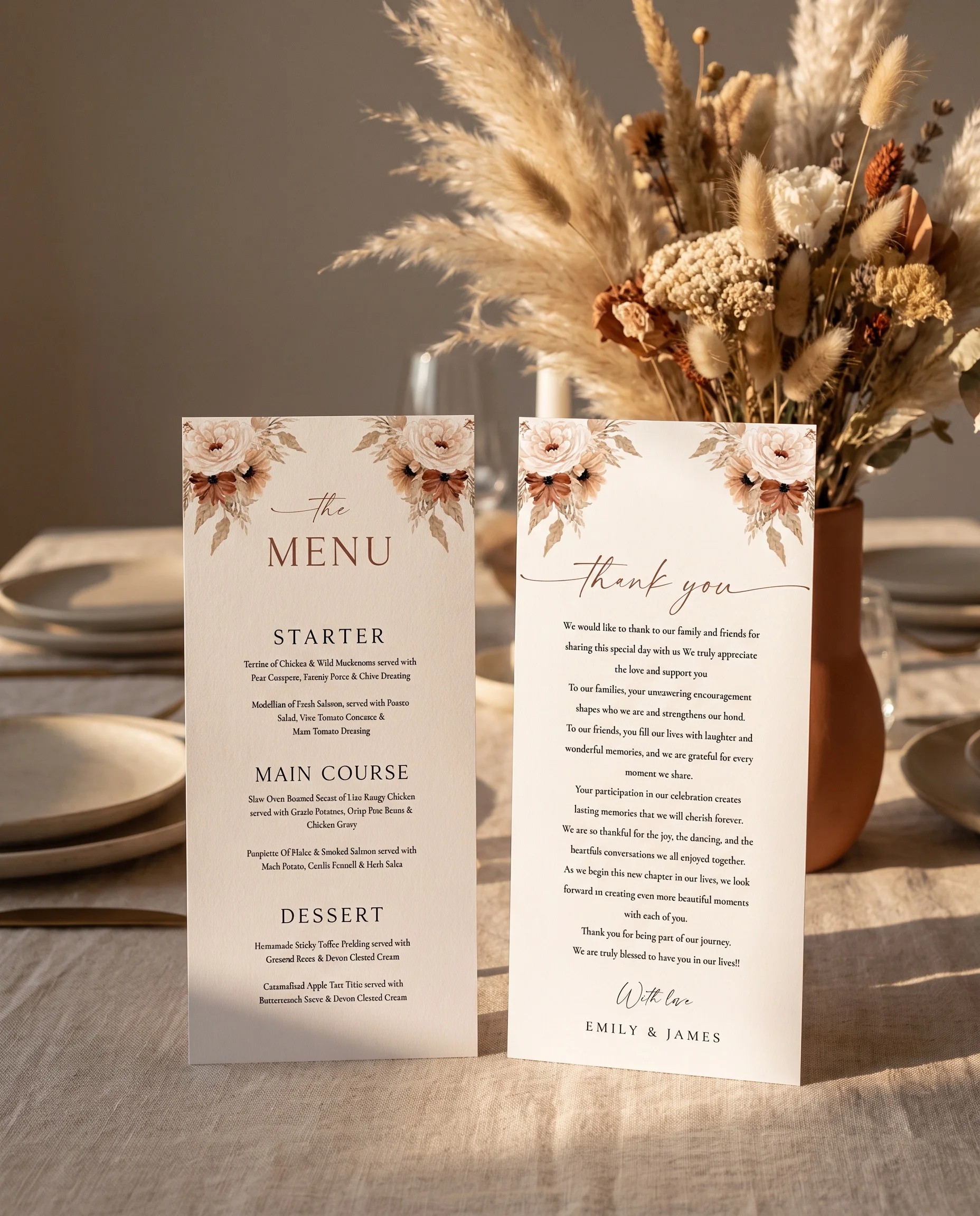 Pampas Bloom wedding menu — two menu pages standing upright on a reception table under soft natural light, wedding menu template.
