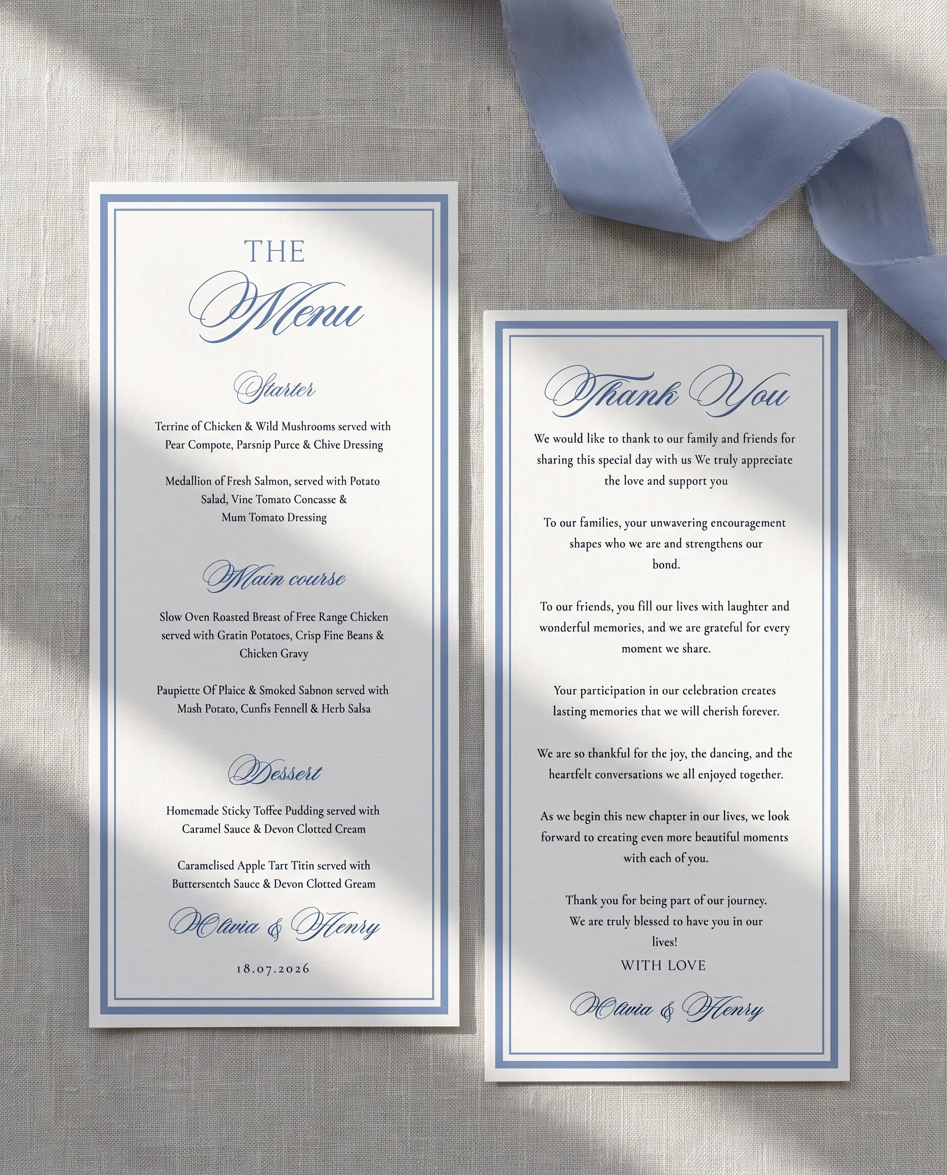 Azure Flourish wedding menu — two pages displayed flat on premium editorial paper under soft natural light, wedding menu.