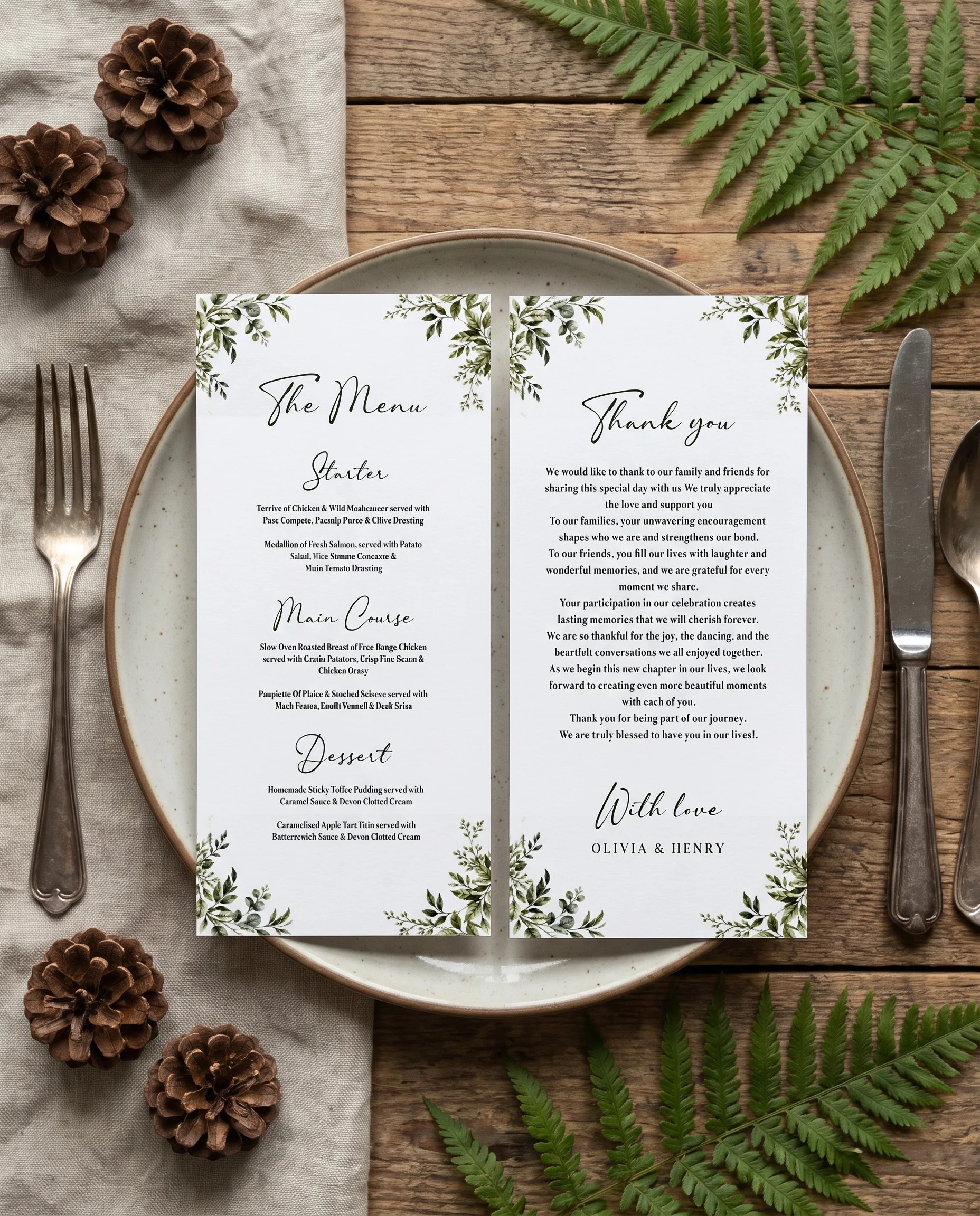 Canopy Grove wedding menu — menu and thank you card on a plate at a set place setting, wedding menu cards.