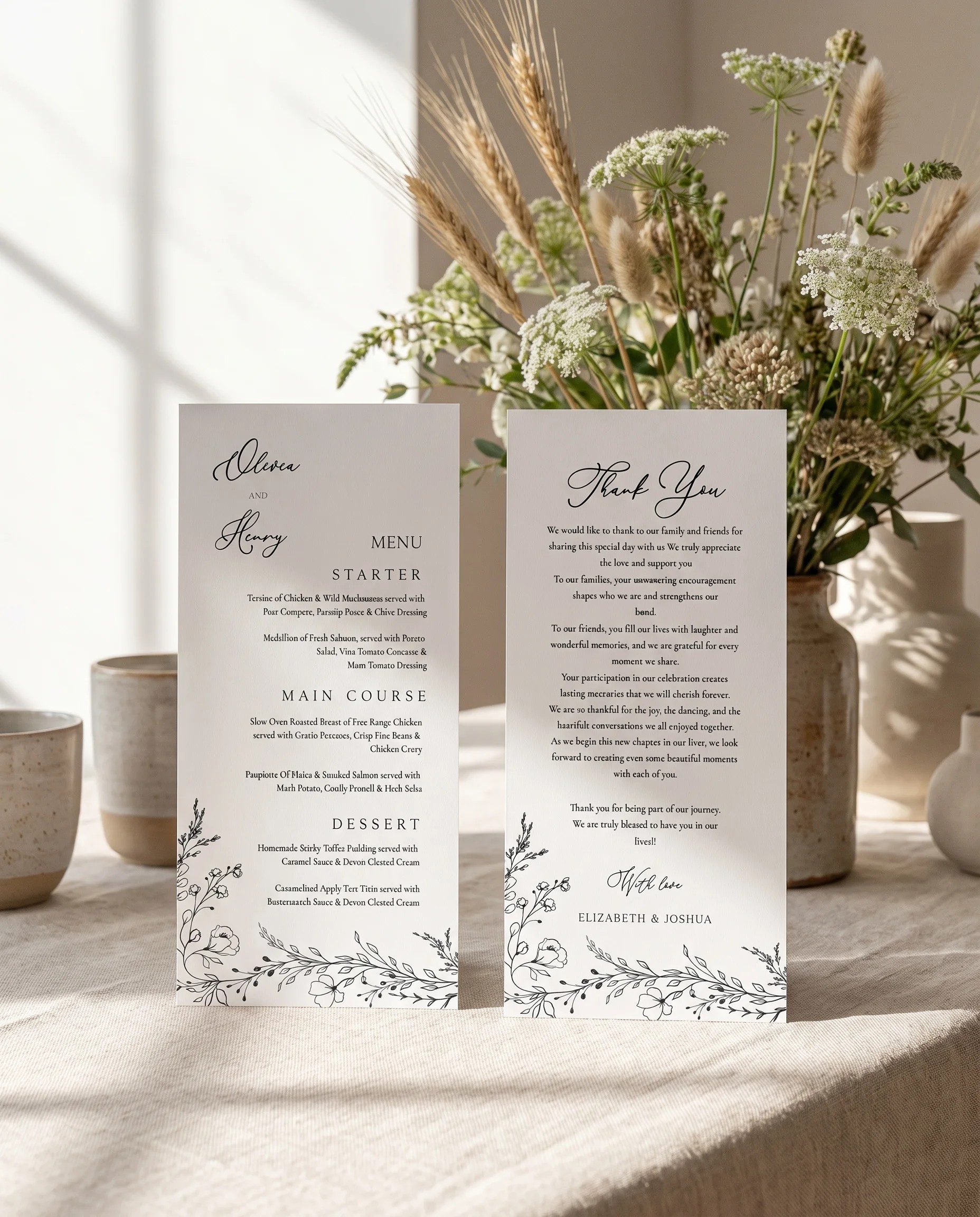 Meadow Sprig wedding menu — two pages standing upright on a reception table under soft natural light, wedding menu template.