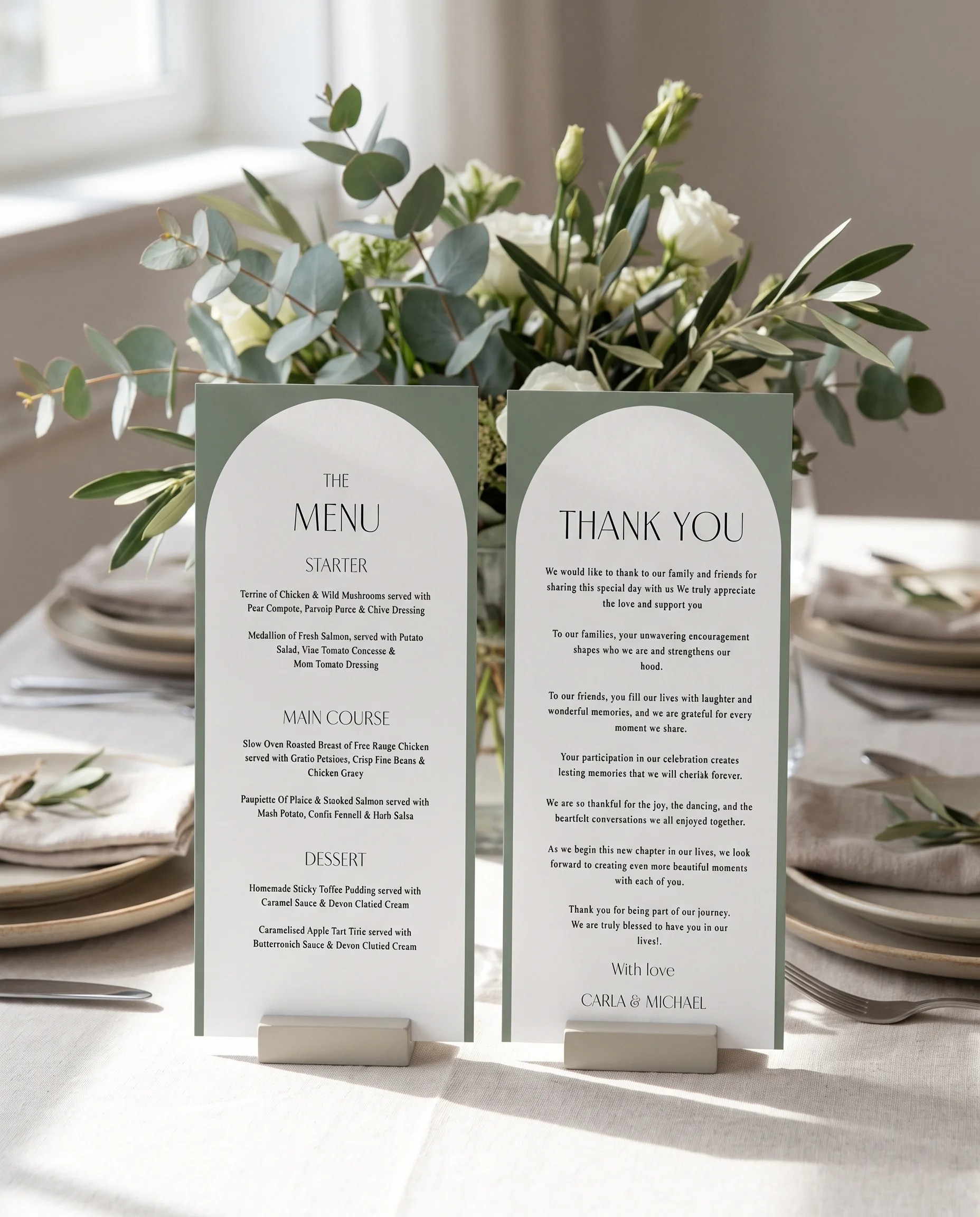 Arc Vale wedding menu — menu and thank you card standing upright on a reception table under soft natural light, wedding menu template.