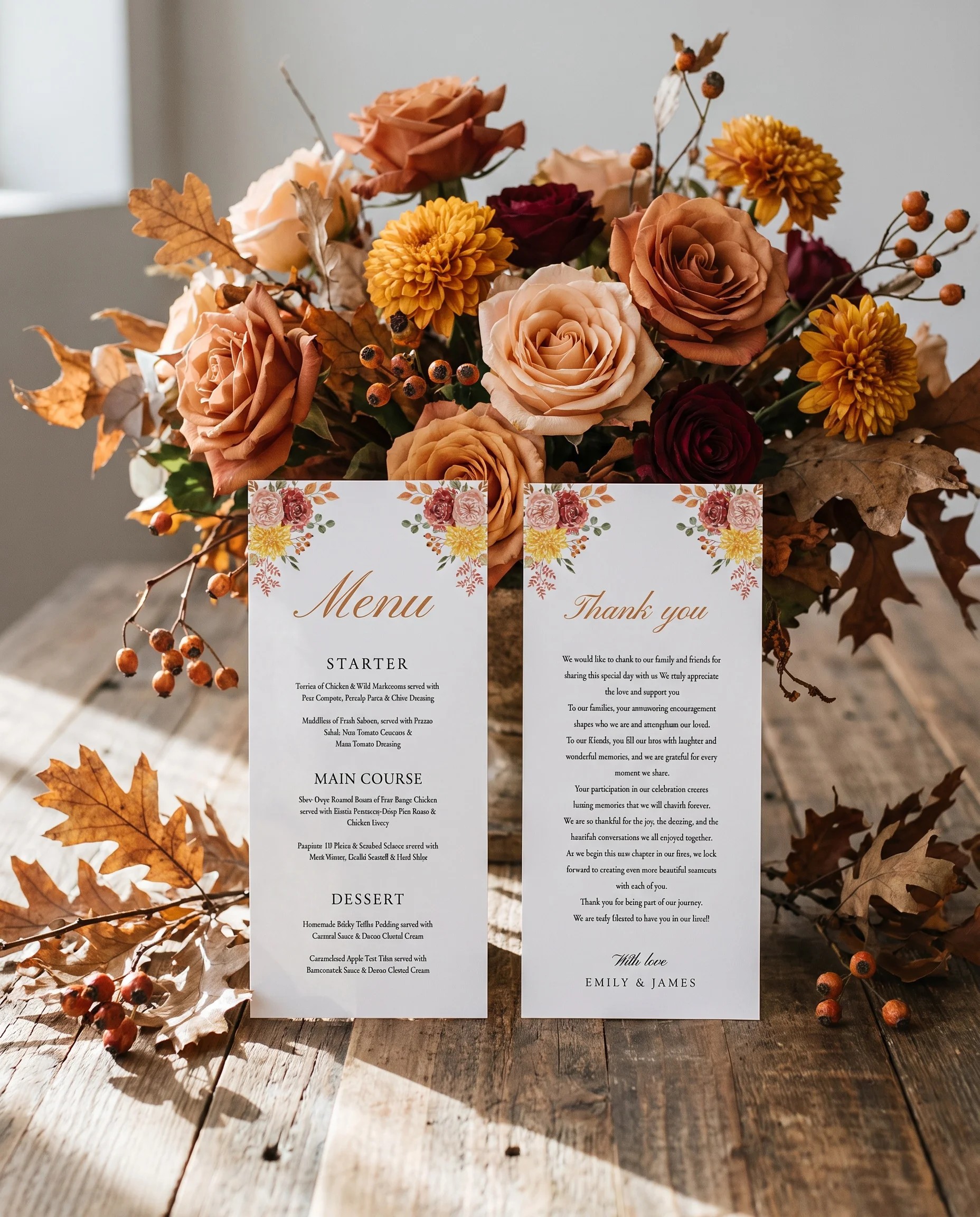 Ember Bloom wedding menu — menu and thank you card standing upright on a reception table under soft natural light, wedding menu template.