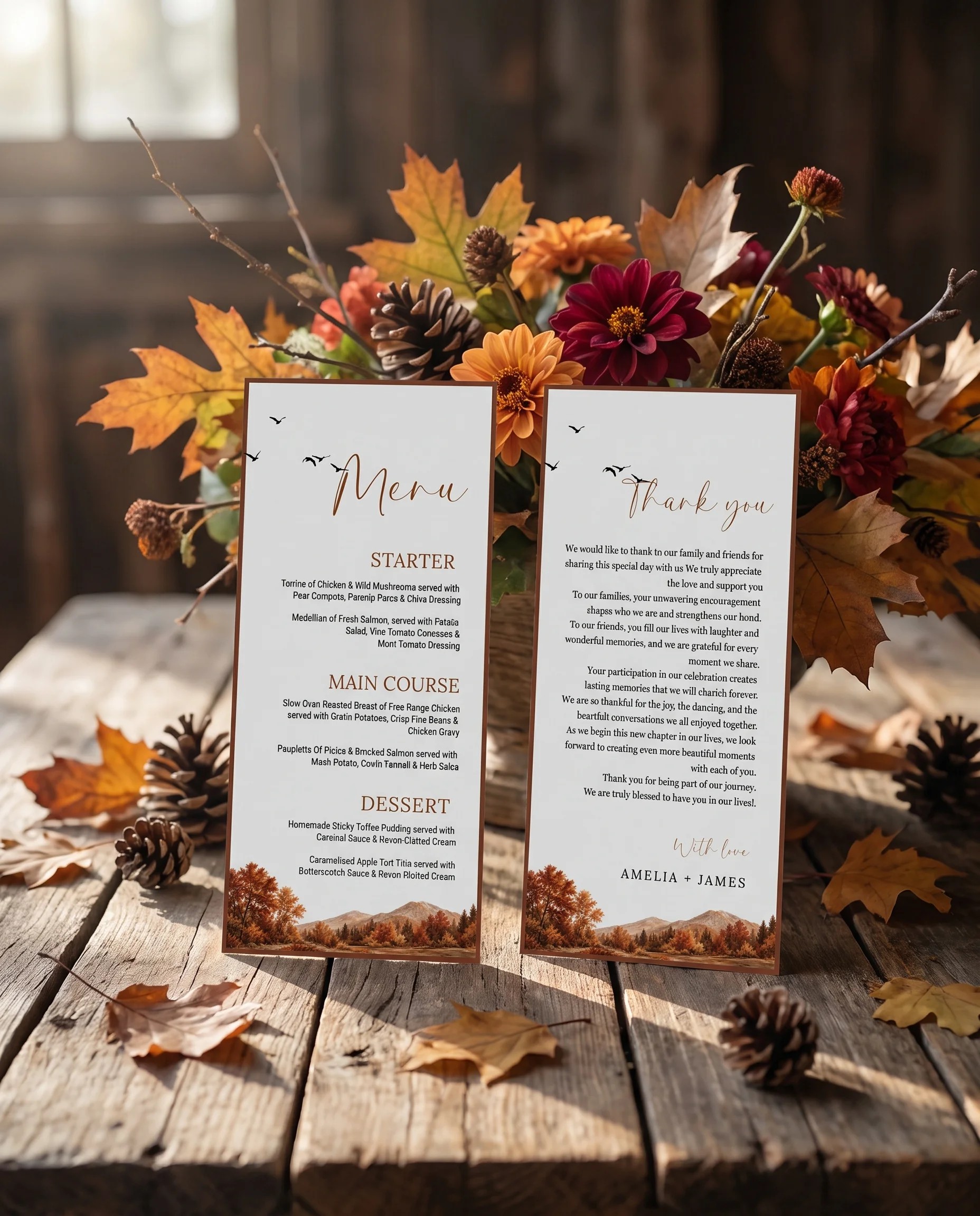 Timberline Reverie wedding menu — menu and thank you card standing upright on a reception table under soft natural light, wedding menu template.